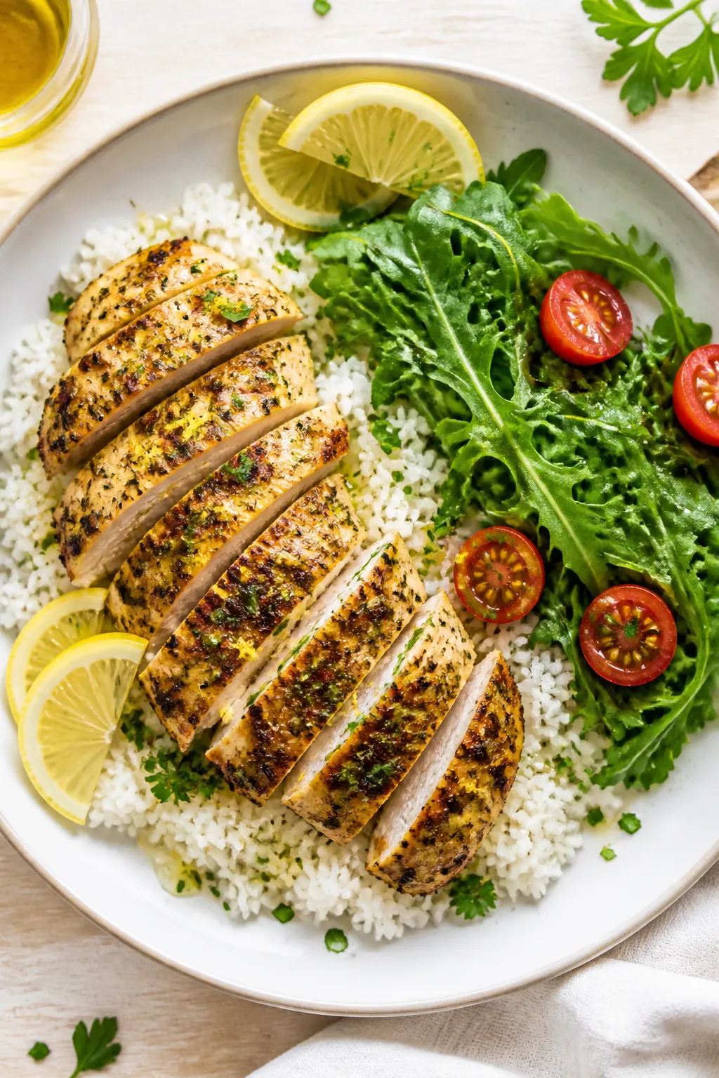 Tasty top view: Overhead shot of High Protein Lemon Herb Chicken sliced and fanned over fluffy white