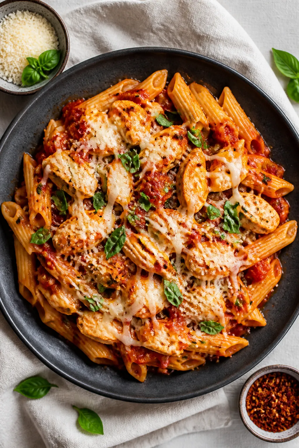 Tasty top view: Overhead shot of high-protein penne tossed with chicken, rich crushed-tomato sauce,