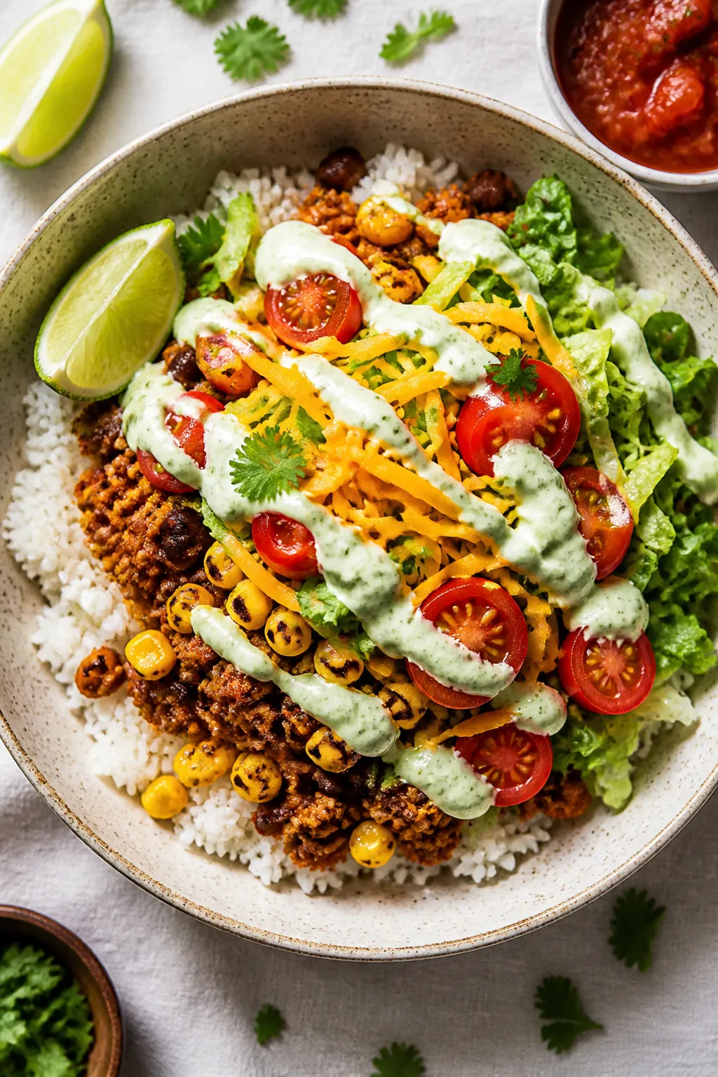 Tasty top view: Overhead shot of High Protein Taco Rice Bowl assembled—fluffy white rice base with
