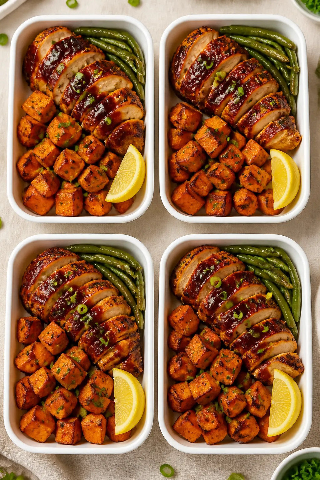 Tasty top view: Overhead shot of meal prep containers neatly portioned with sliced BBQ chicken breas