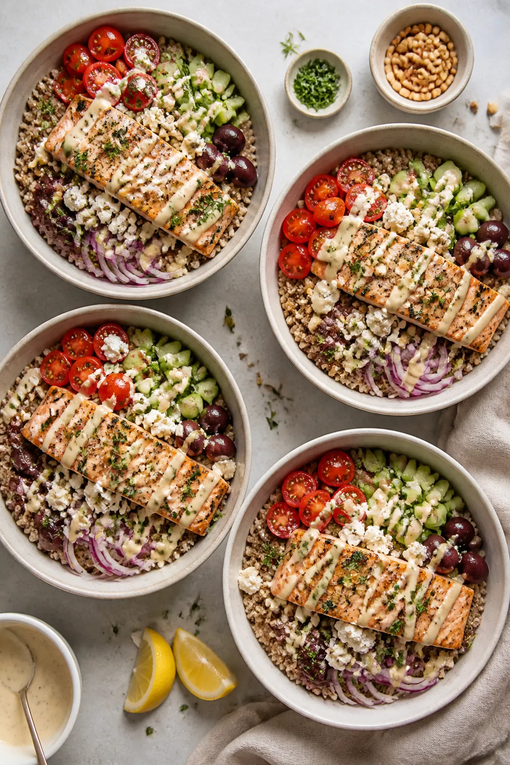 Tasty top view: Overhead shot of Mediterranean Salmon Bowls assembled for four—quadrants of warm q