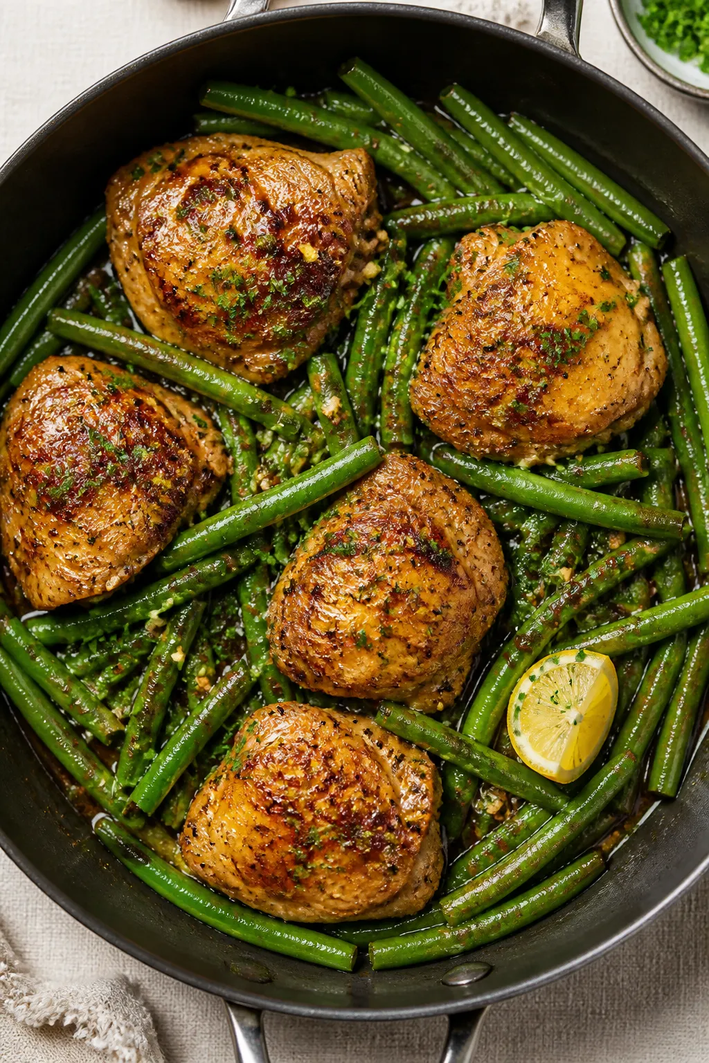 Tasty top view: Overhead shot of One Pan Garlic Chicken and Green Beans just finished, sauce slightl