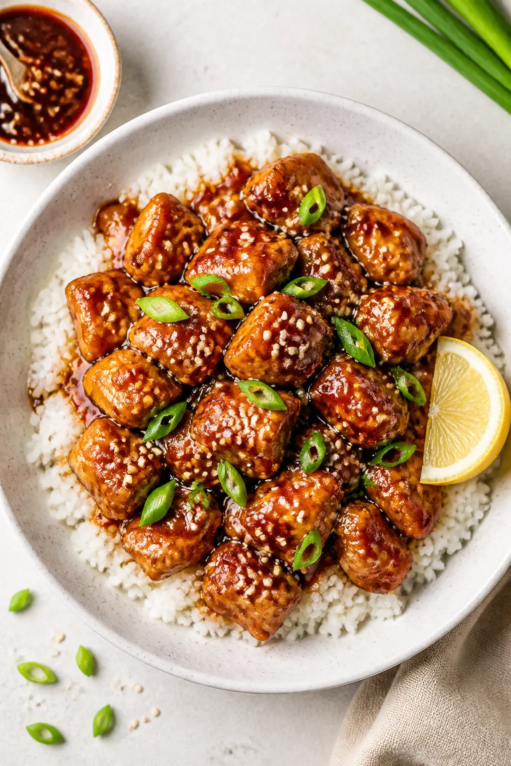 Tasty top view: Overhead shot of One Pan Honey Garlic Chicken served over fluffy steamed jasmine ric