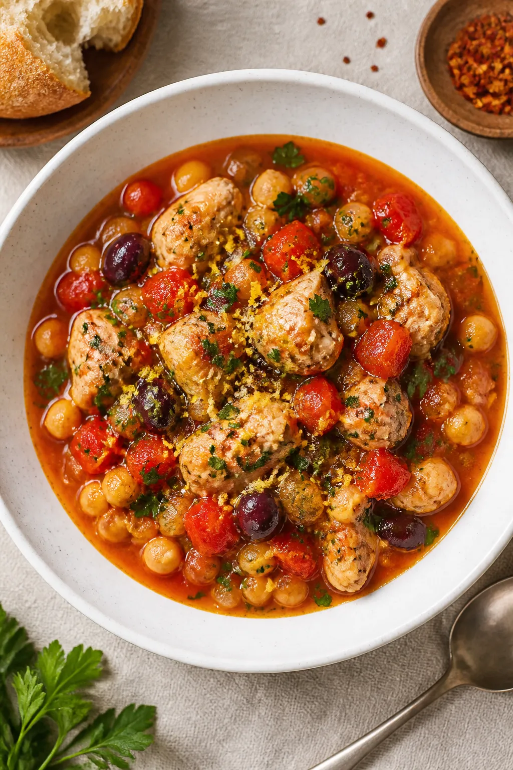 Tasty top view: Overhead shot of Slow Cooker Mediterranean Turkey Stew ladled into a wide, white sha
