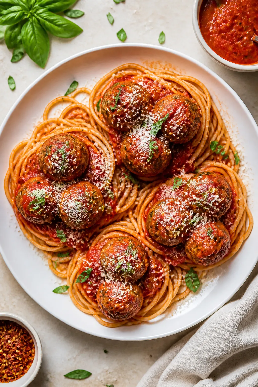 Tasty top view: Overhead shot of spaghetti twirled into nests topped with turkey meatball marinara; 