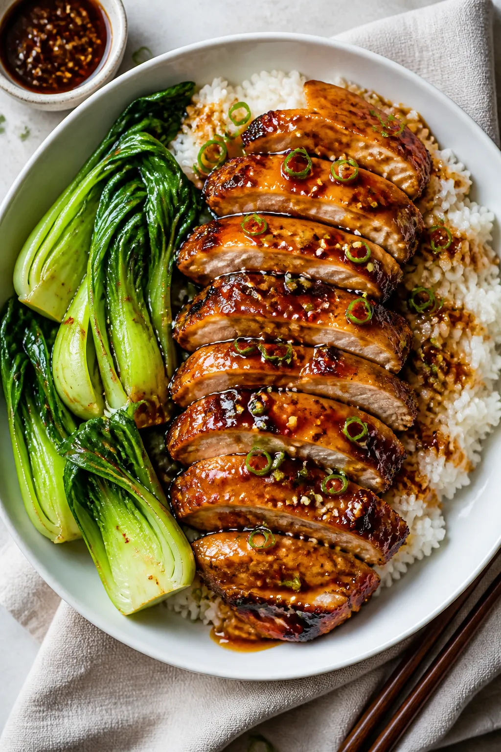 Tasty top view: Overhead shot of sticky honey garlic chicken thighs sliced and fanned over steamed j