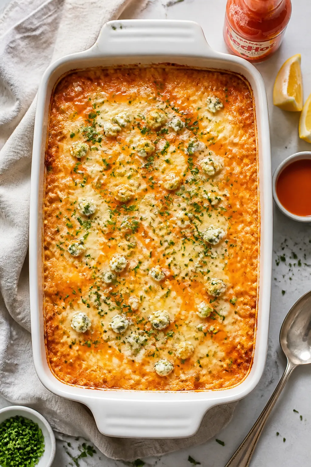 Tasty top view: Overhead shot of the assembled casserole just out of the oven in a 9x13 dish—chees