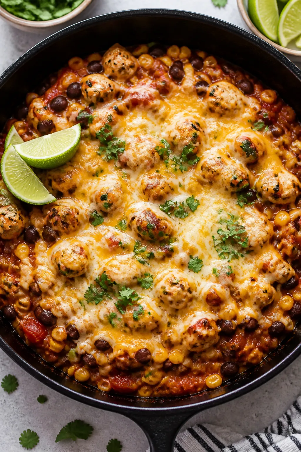 Tasty top view: Overhead shot of the completed high protein chicken taco skillet in the pan, showing