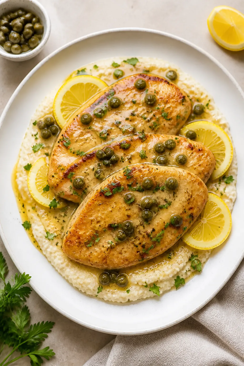 Tasty top view: Overhead shot of the final High Protein Chicken Piccata plated over light cauliflowe
