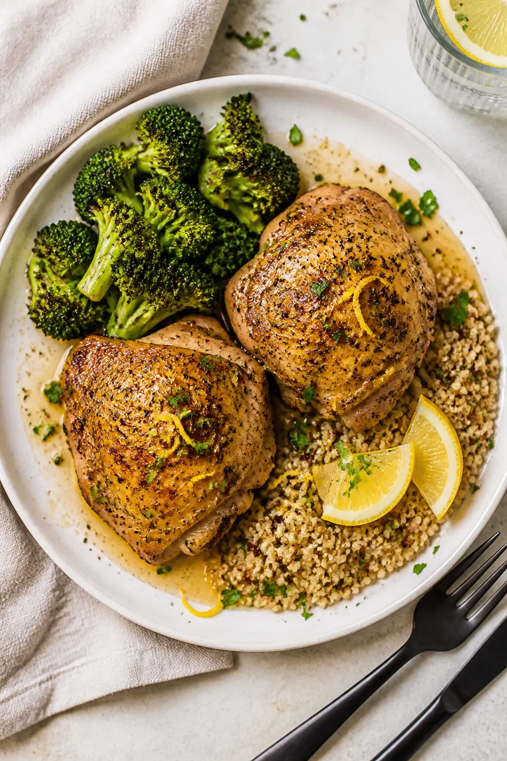 Tasty top view: Overhead shot of the final plated High Protein Lemon Pepper Chicken Thighs—two bon