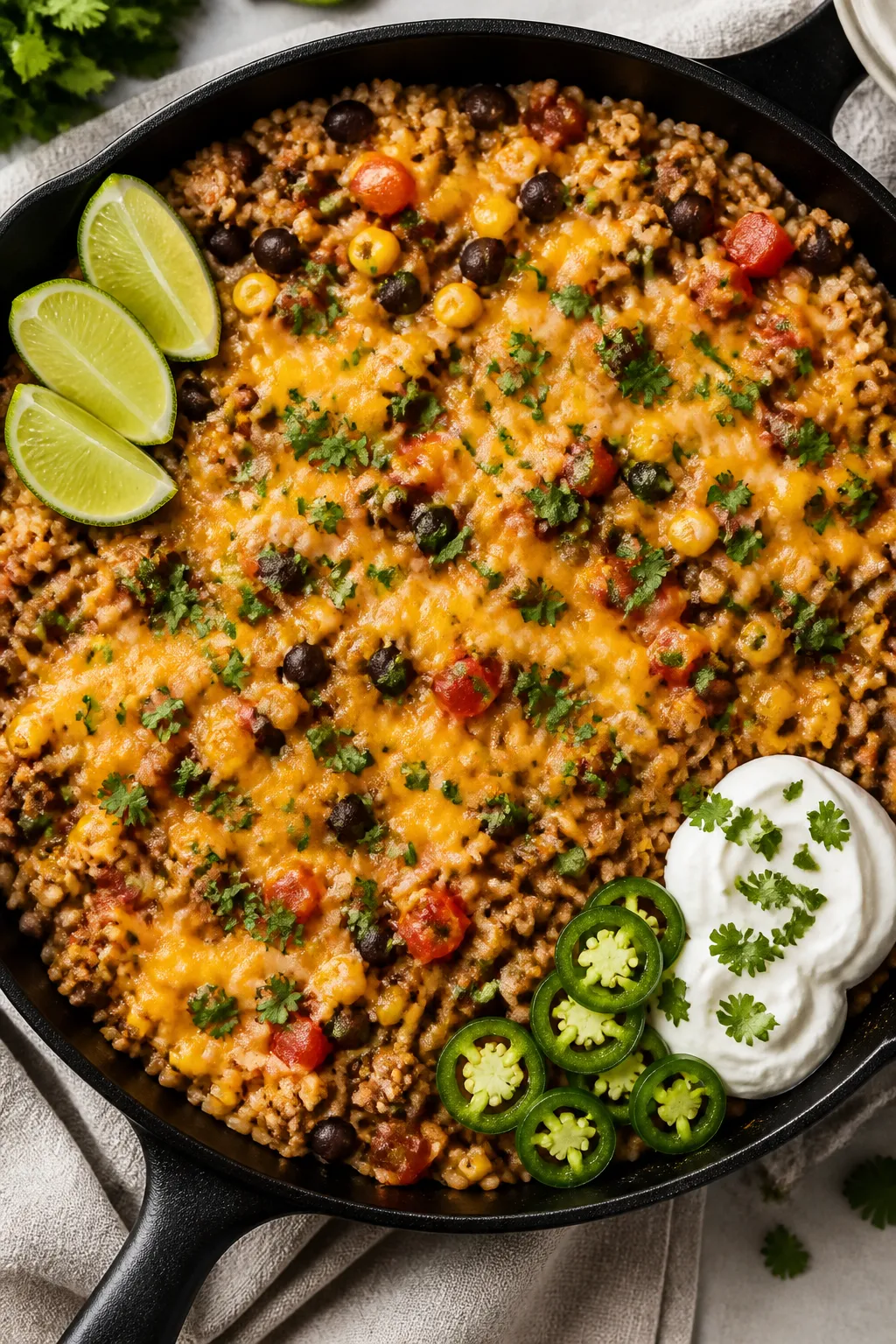 Tasty top view: Overhead shot of the finished Ground Turkey Taco Skillet with quick-cooking white ri