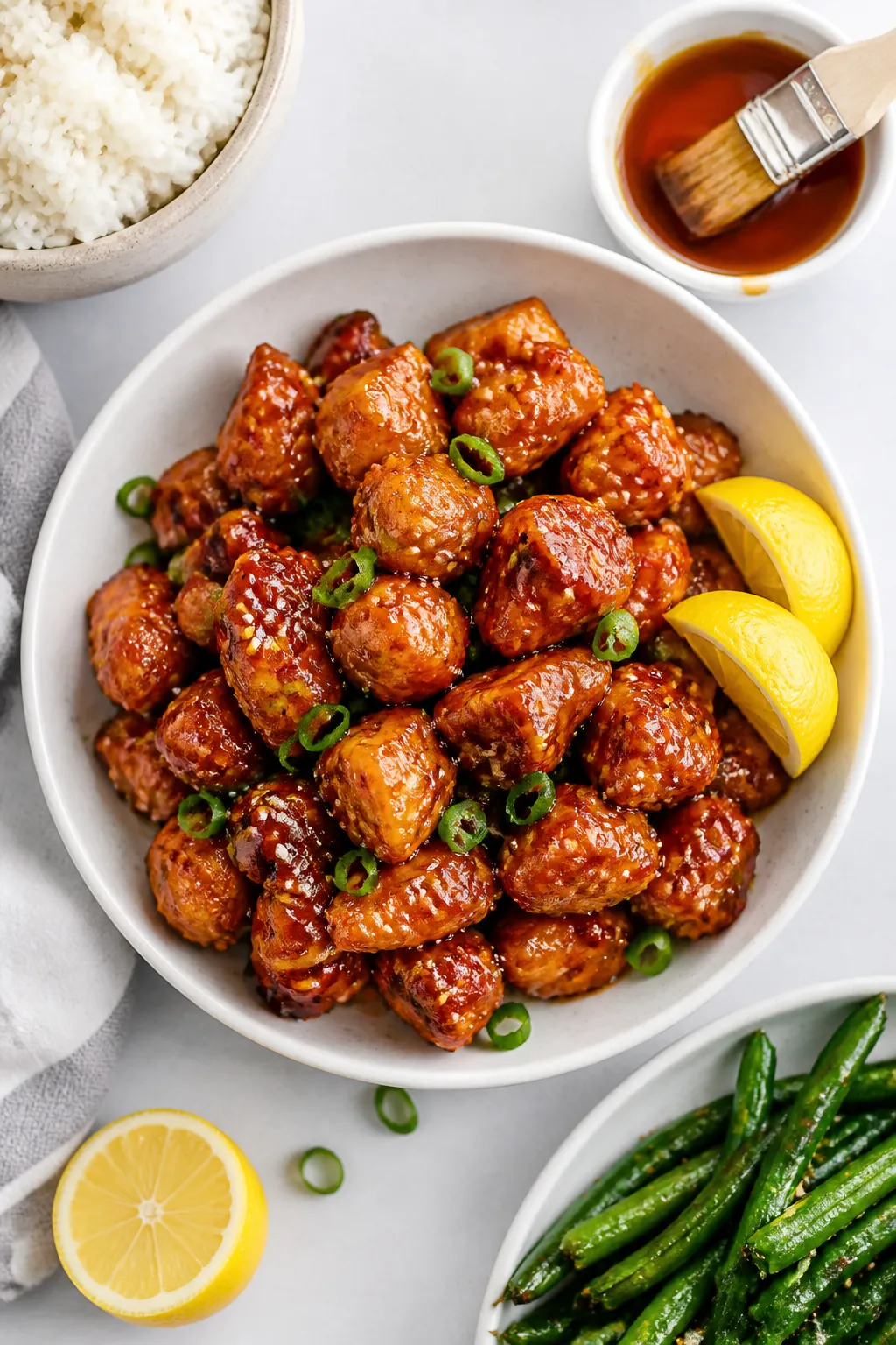 Tasty top view: Overhead shot of the finished Hot Honey High Protein Chicken Bites piled high in a s