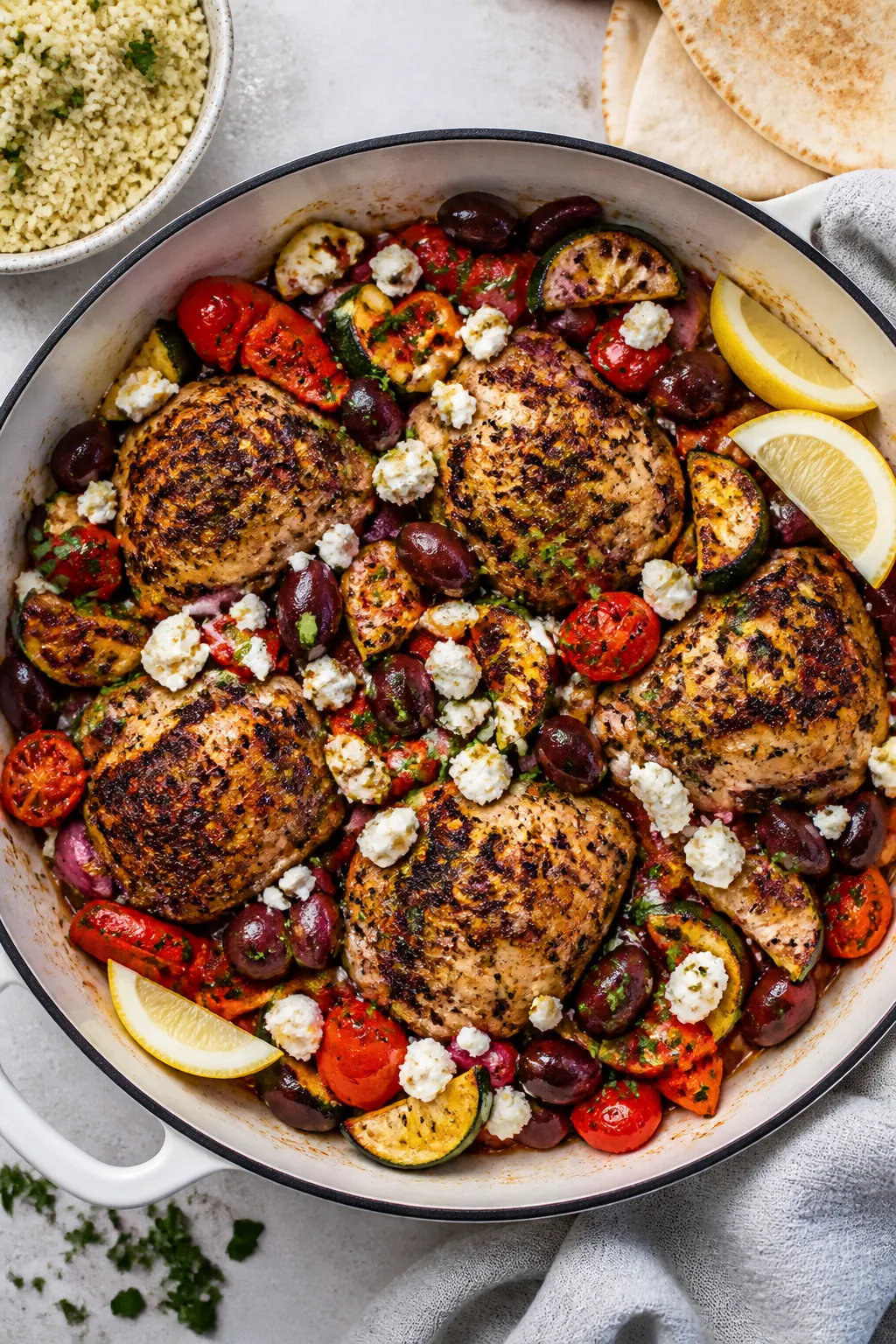 Tasty top view: Overhead shot of the finished One Pan Mediterranean Chicken in a 12-inch oven-safe s