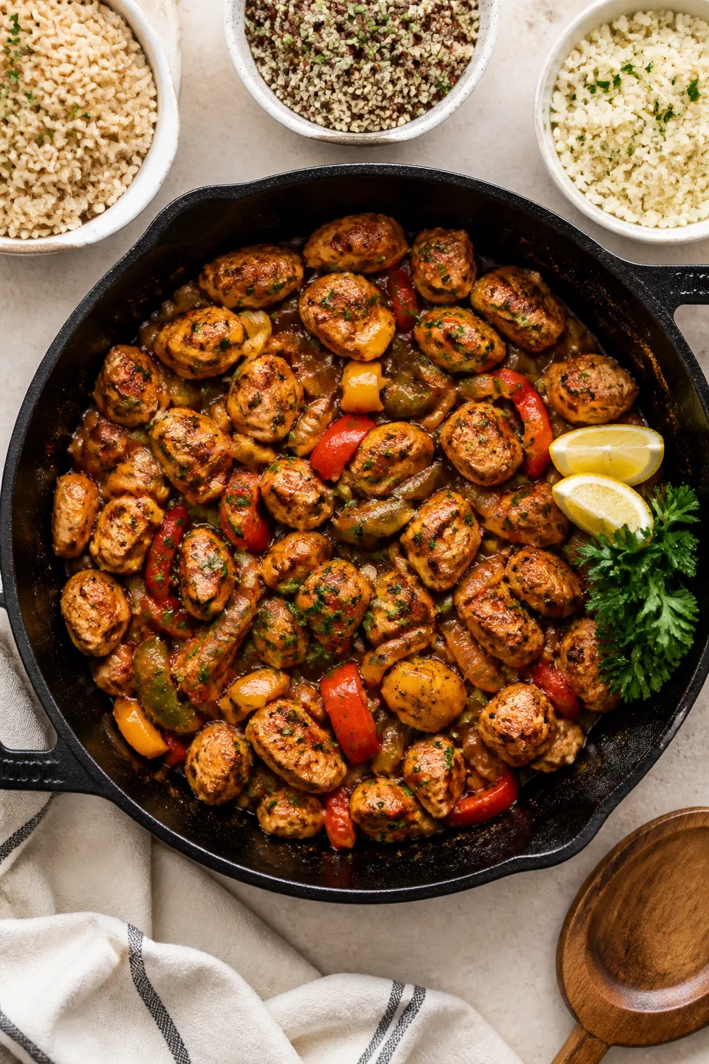 Tasty top view: Overhead shot of the High Protein Cajun Chicken Skillet served family-style in a cas