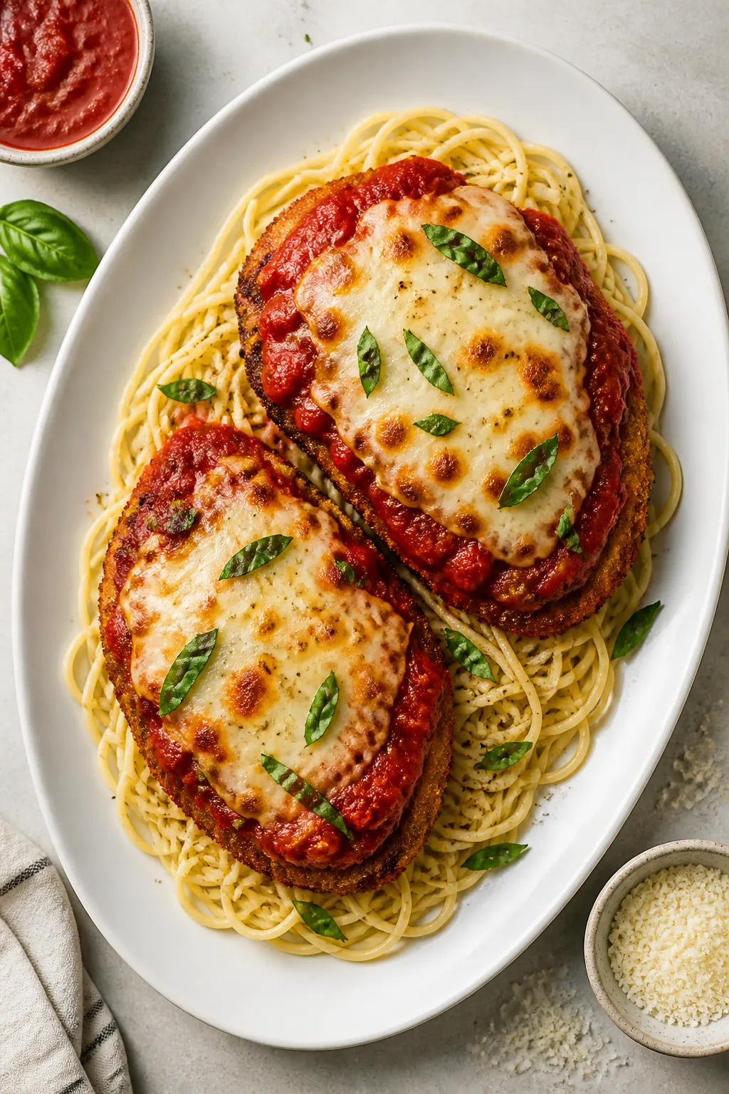 Tasty top view: Overhead shot of two chicken parmesan cutlets topped with thick, glossy marinara and