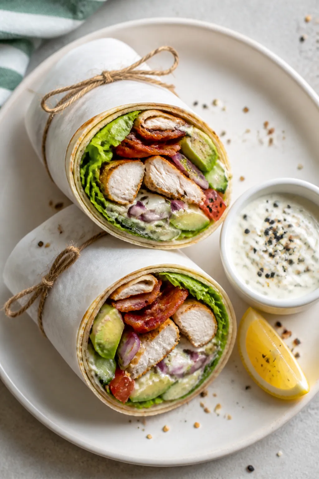 Tasty top view: Overhead shot of two finished High Protein Chicken Club Wraps, tightly rolled, wrapp