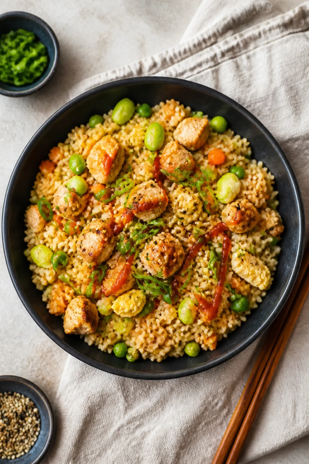 Tasty top view, overhead shot: Overhead shot of a generous bowl of high protein chicken fried rice, 