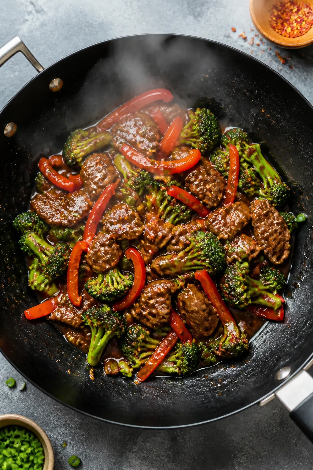 Vibrant stir-fry toss – finishing with sauce: Overhead shot of cooked beef, crisp-tender broccoli 