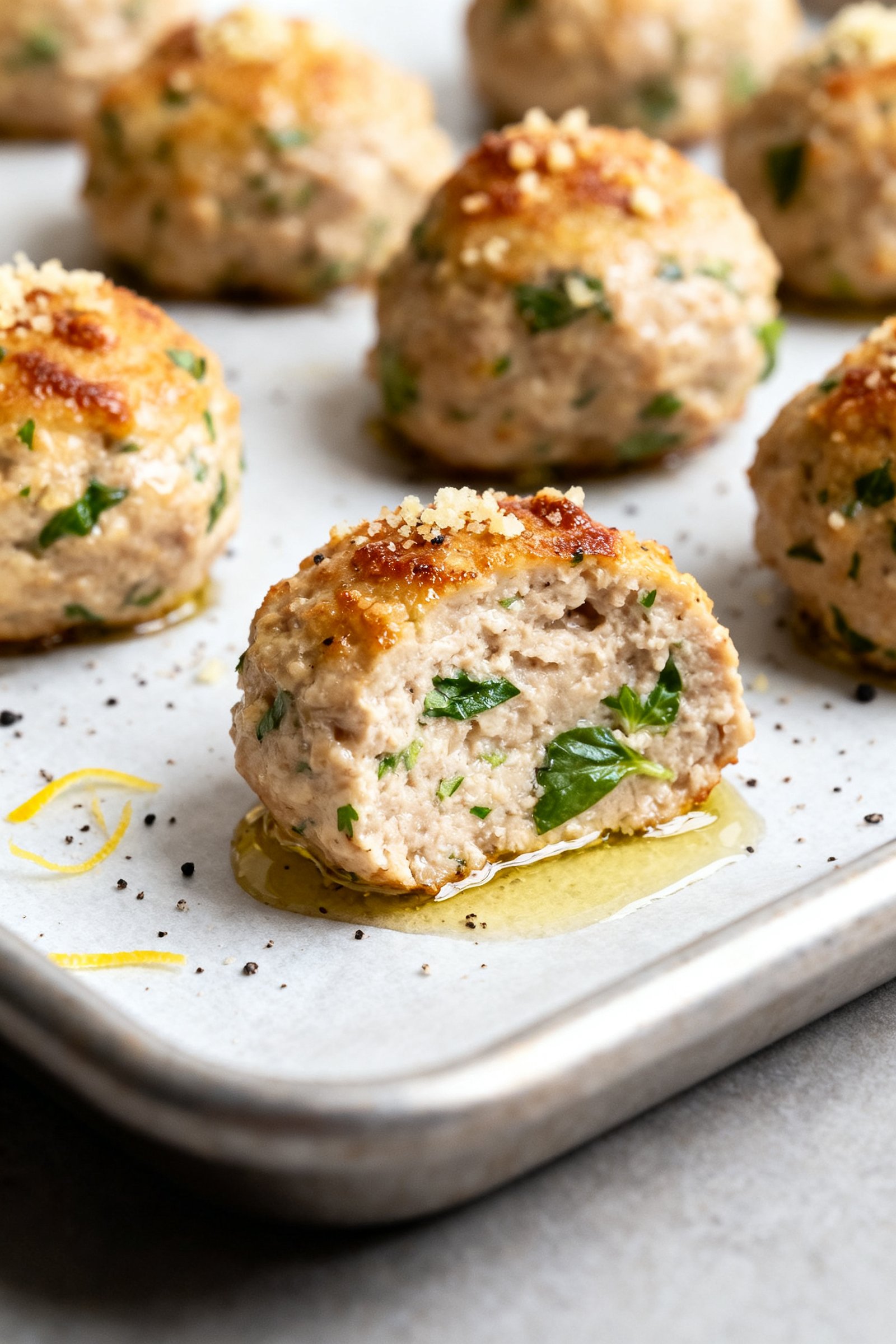 Close-up detail: A tray of freshly baked garlic herb turkey meatballs just out of the oven, golden t