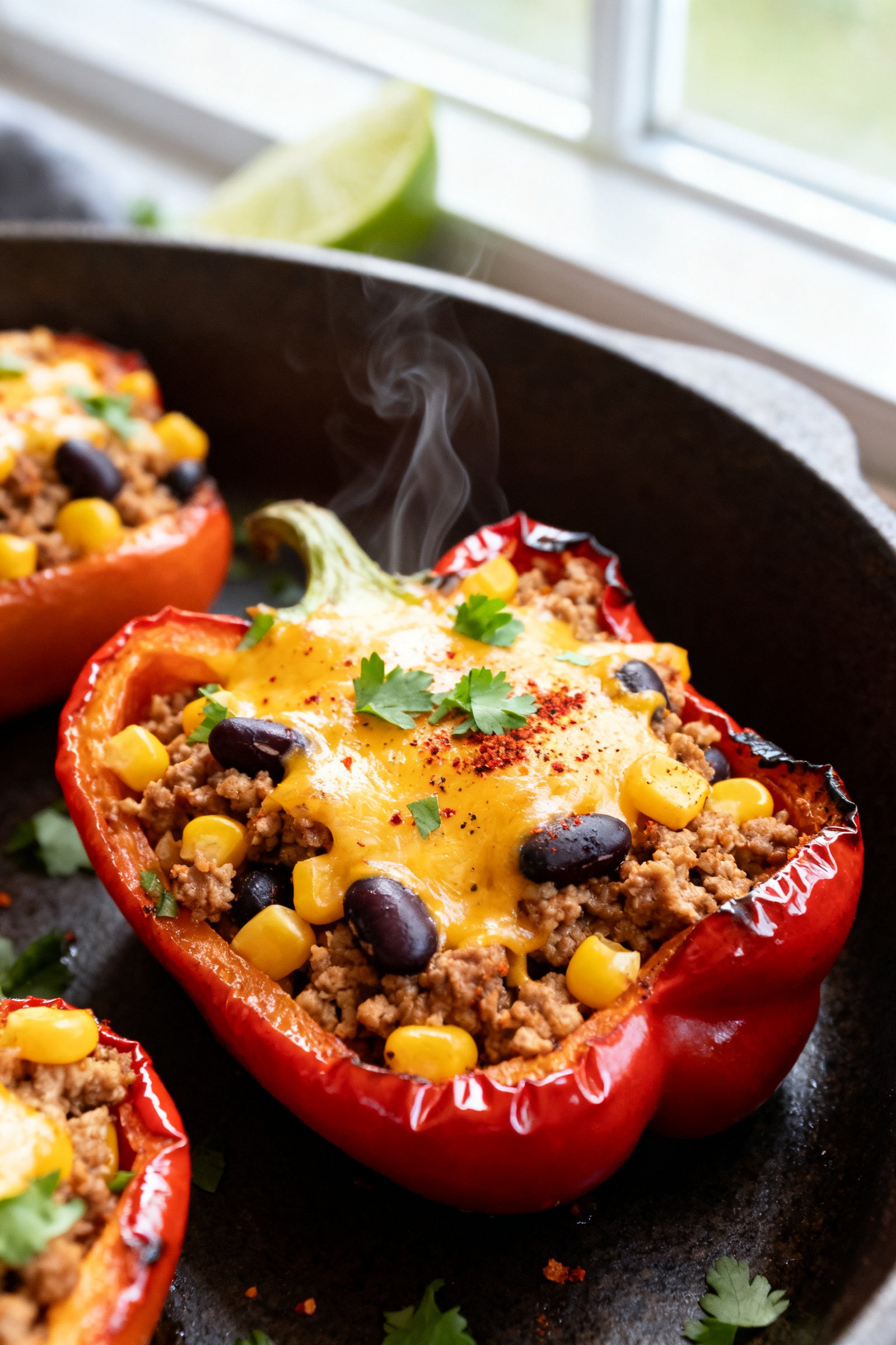 Close-up detail: Melted cheese-topped ground turkey taco stuffing packed into roasted bell pepper ha