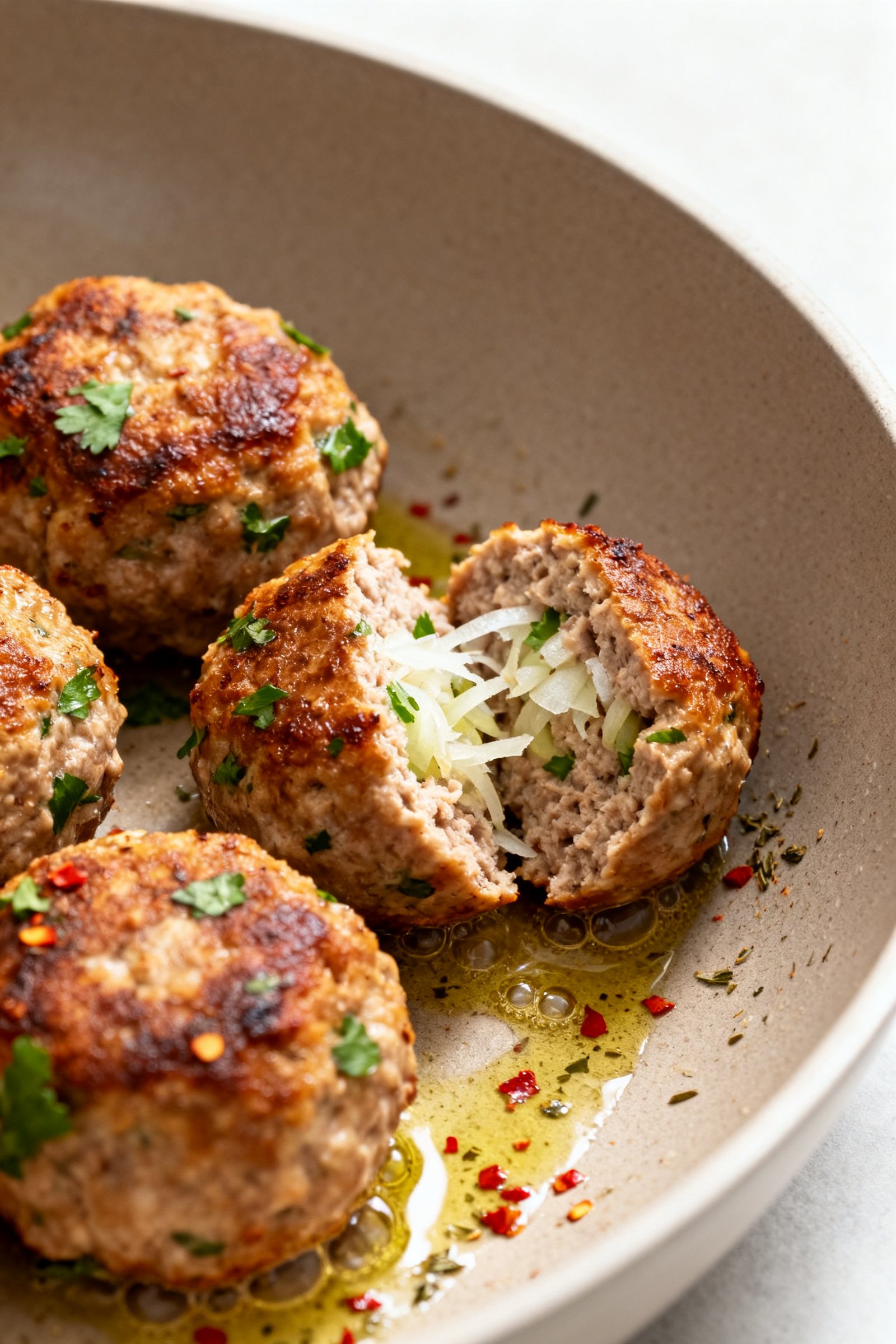 Close-up detail: Searing turkey meatballs in a large skillet, golden-brown crust with crispy edges a