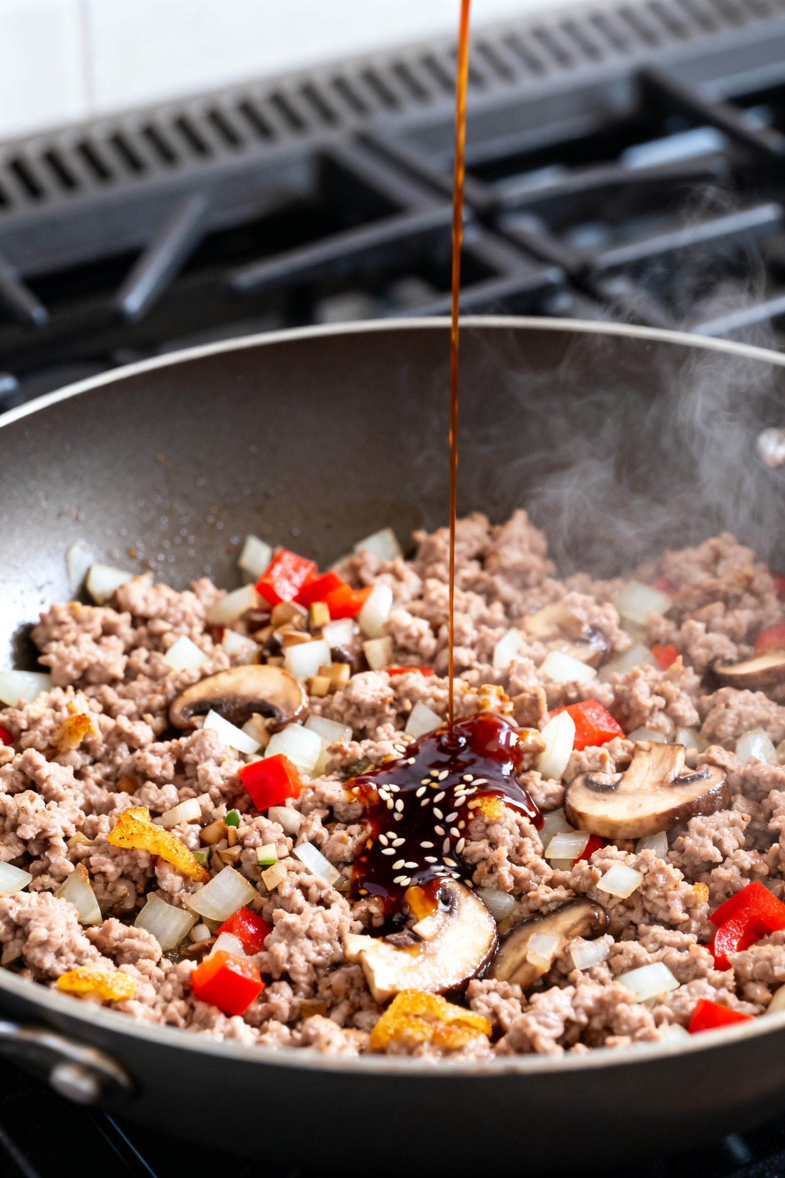Cooking process close-up: Ground turkey browning in a wide stainless skillet over medium-high heat,
