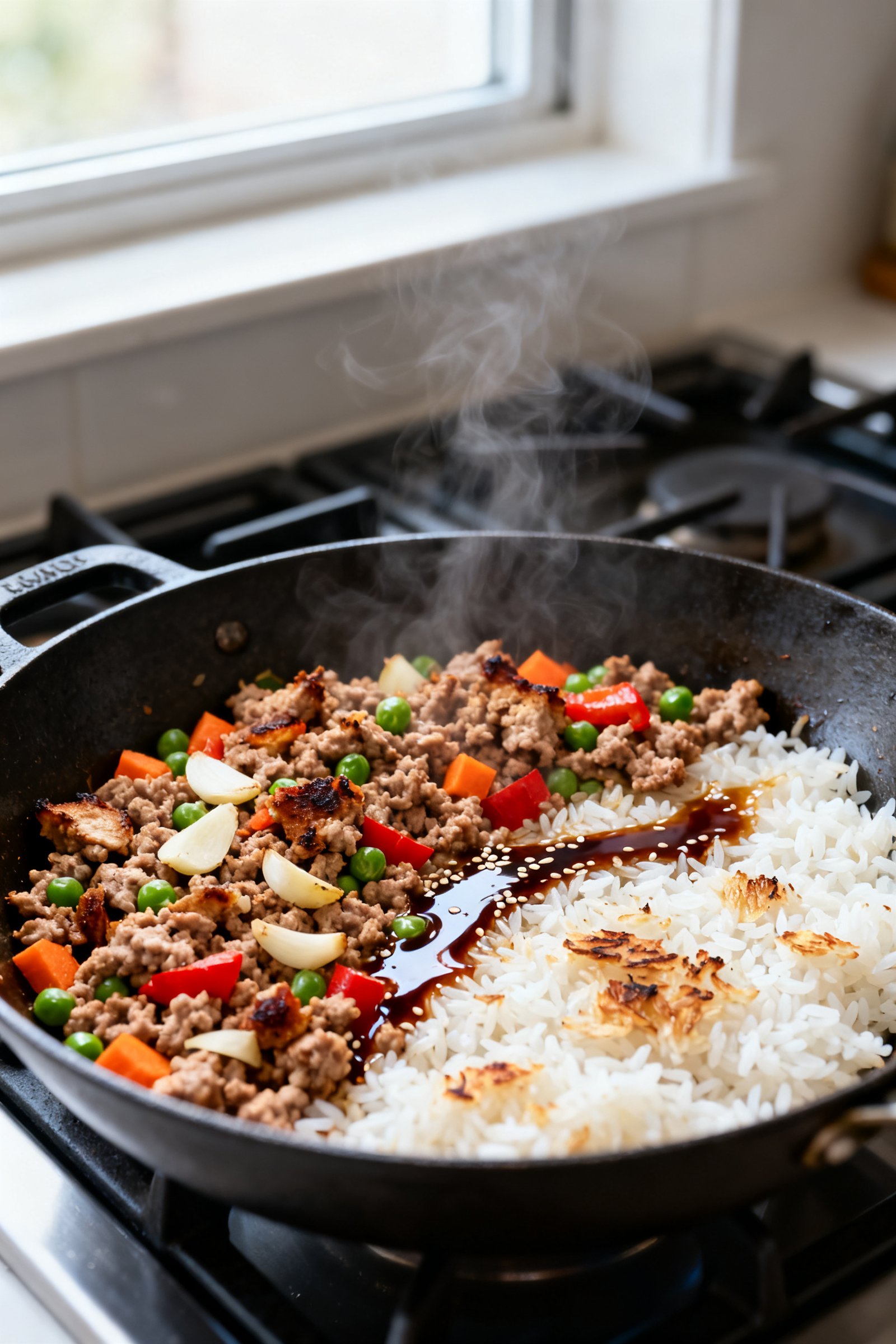 Cooking process close-up: Ground turkey fried rice sizzling in a wide cast-iron skillet over high he