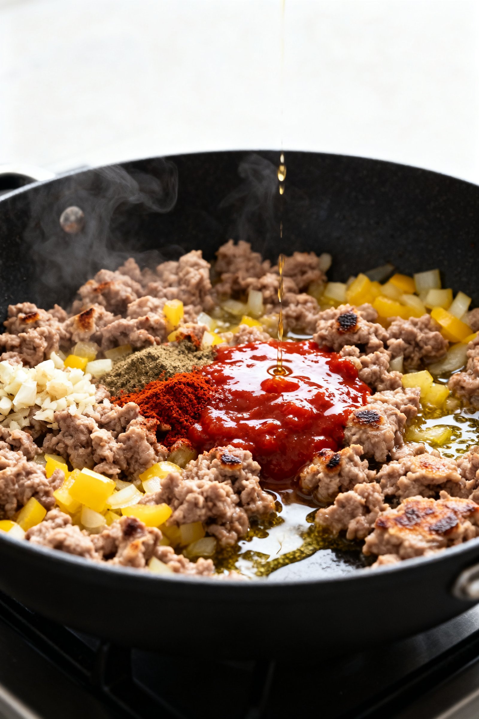 Cooking process close-up: Ground turkey sizzling in a wide skillet with diced yellow onion and mince