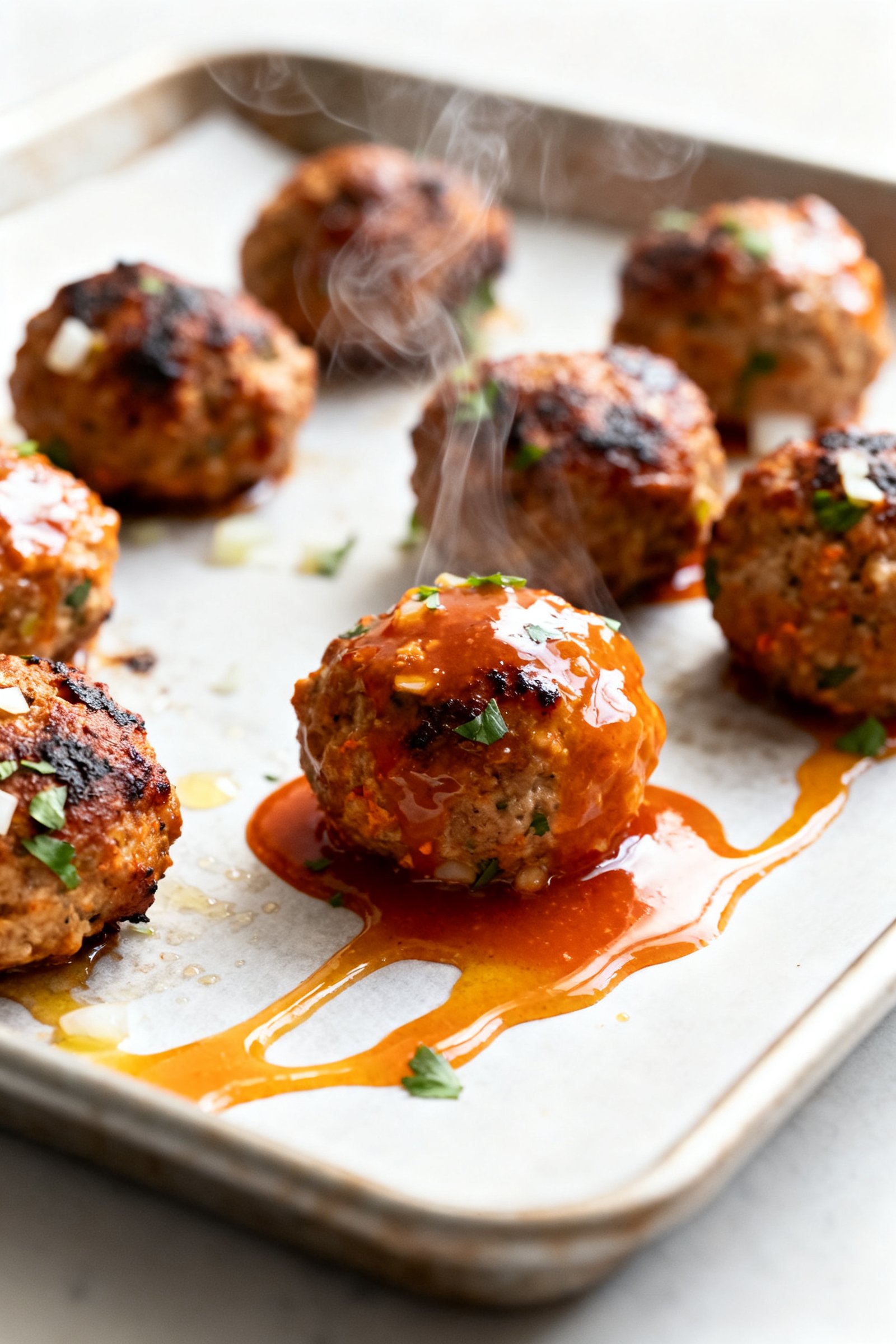 Cooking process, close-up: Juicy buffalo turkey meatballs just out of the oven on a parchment-lined,