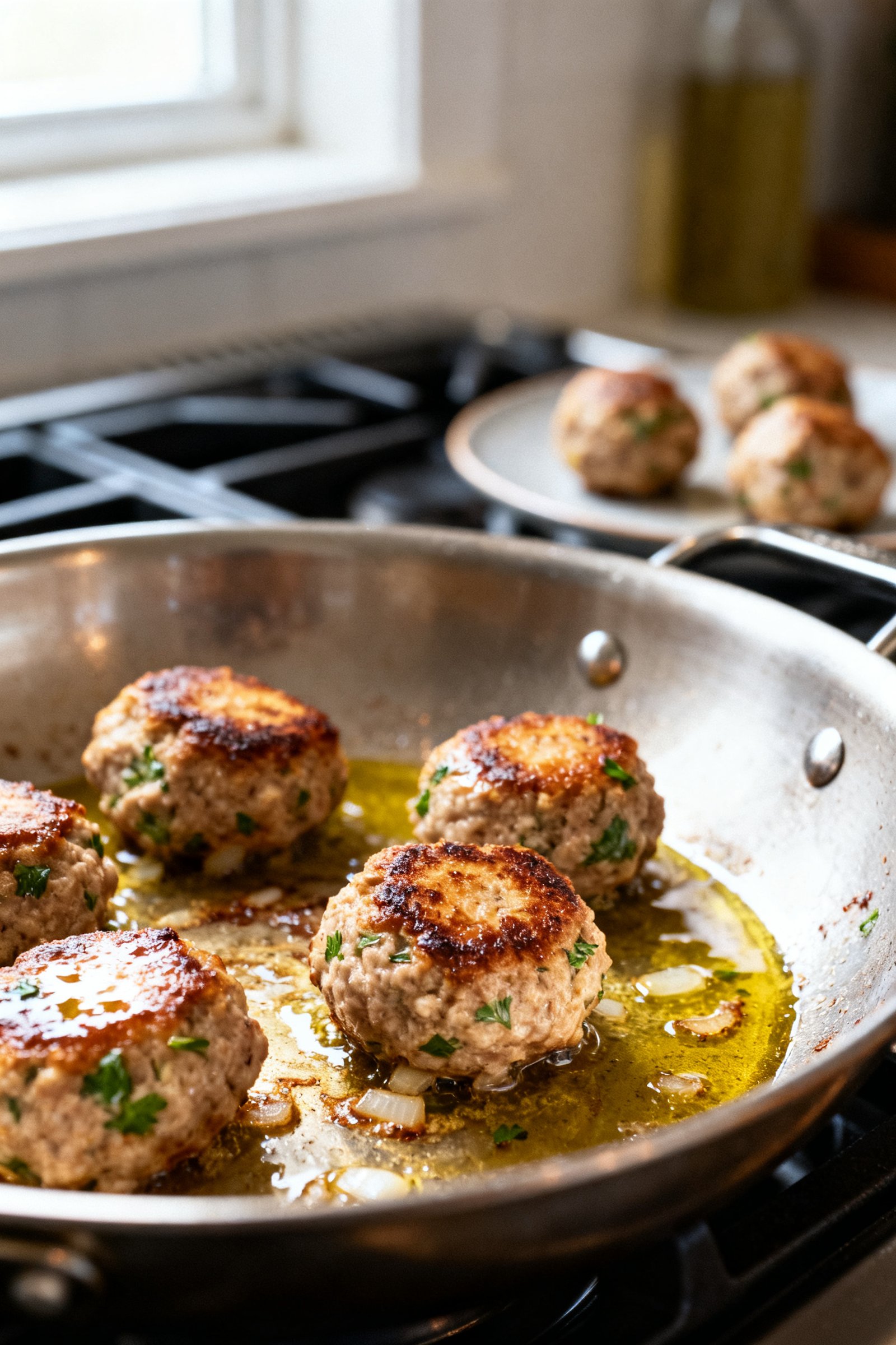 Cooking process close-up: Searing turkey Swedish meatballs in a large skillet, golden-brown crust on