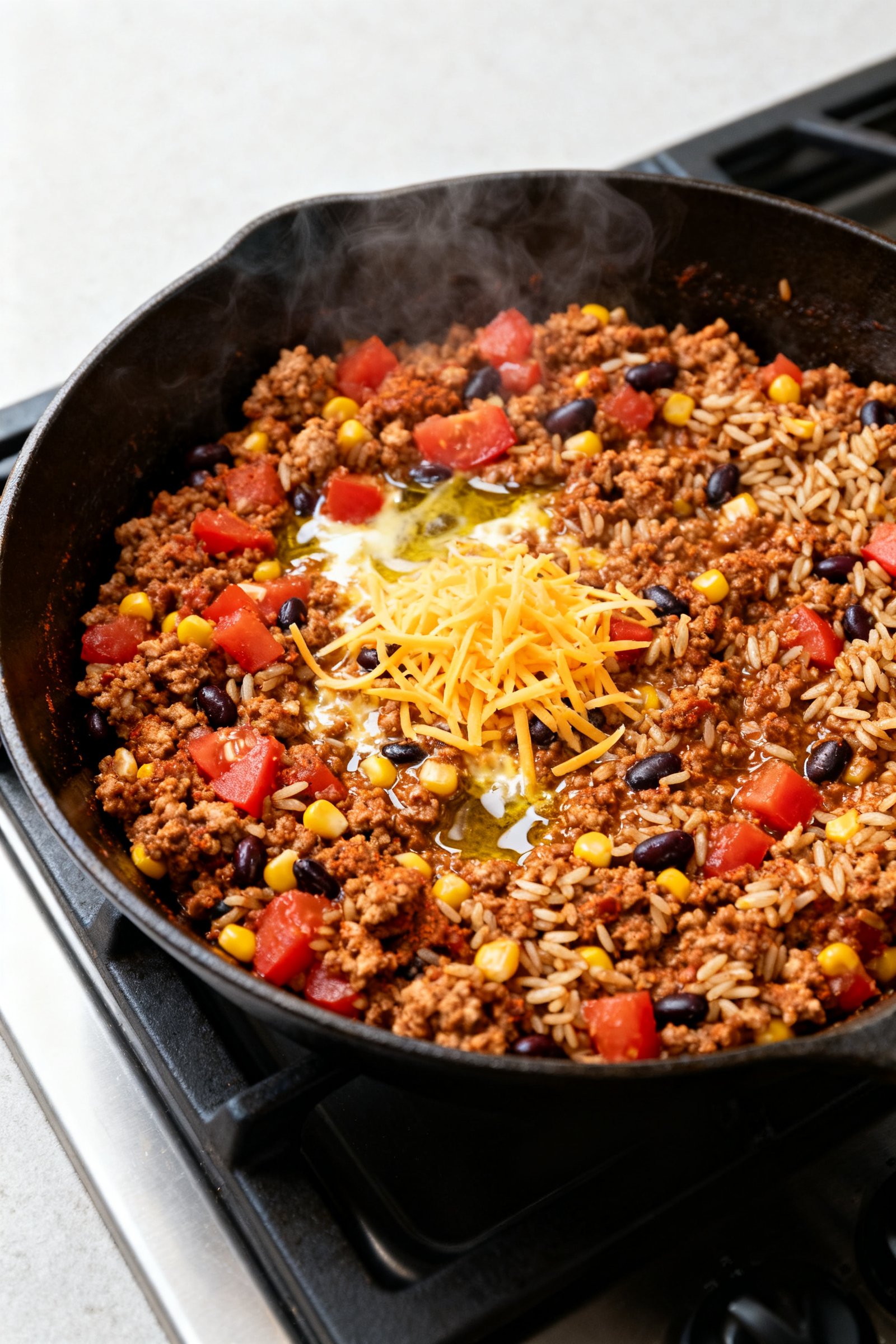 Cooking process: Overhead shot of a large skillet on the stovetop with the seasoned turkey mixture s