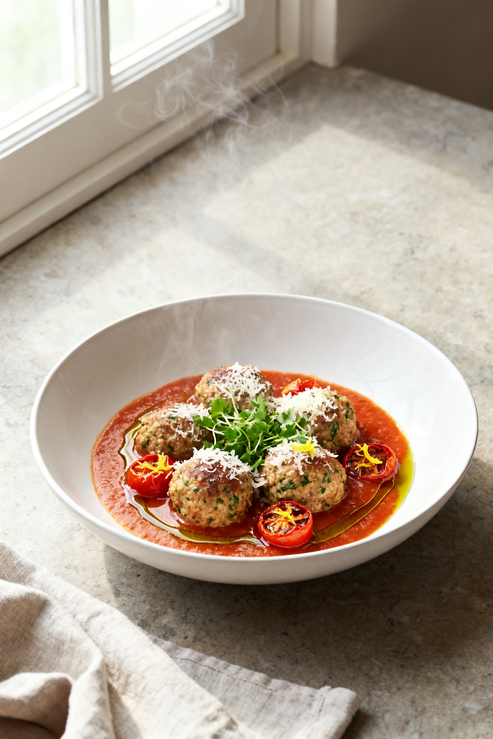 Final dish presentation: Beautifully plated High Protein Garlic Herb Turkey Meatballs nestled in war