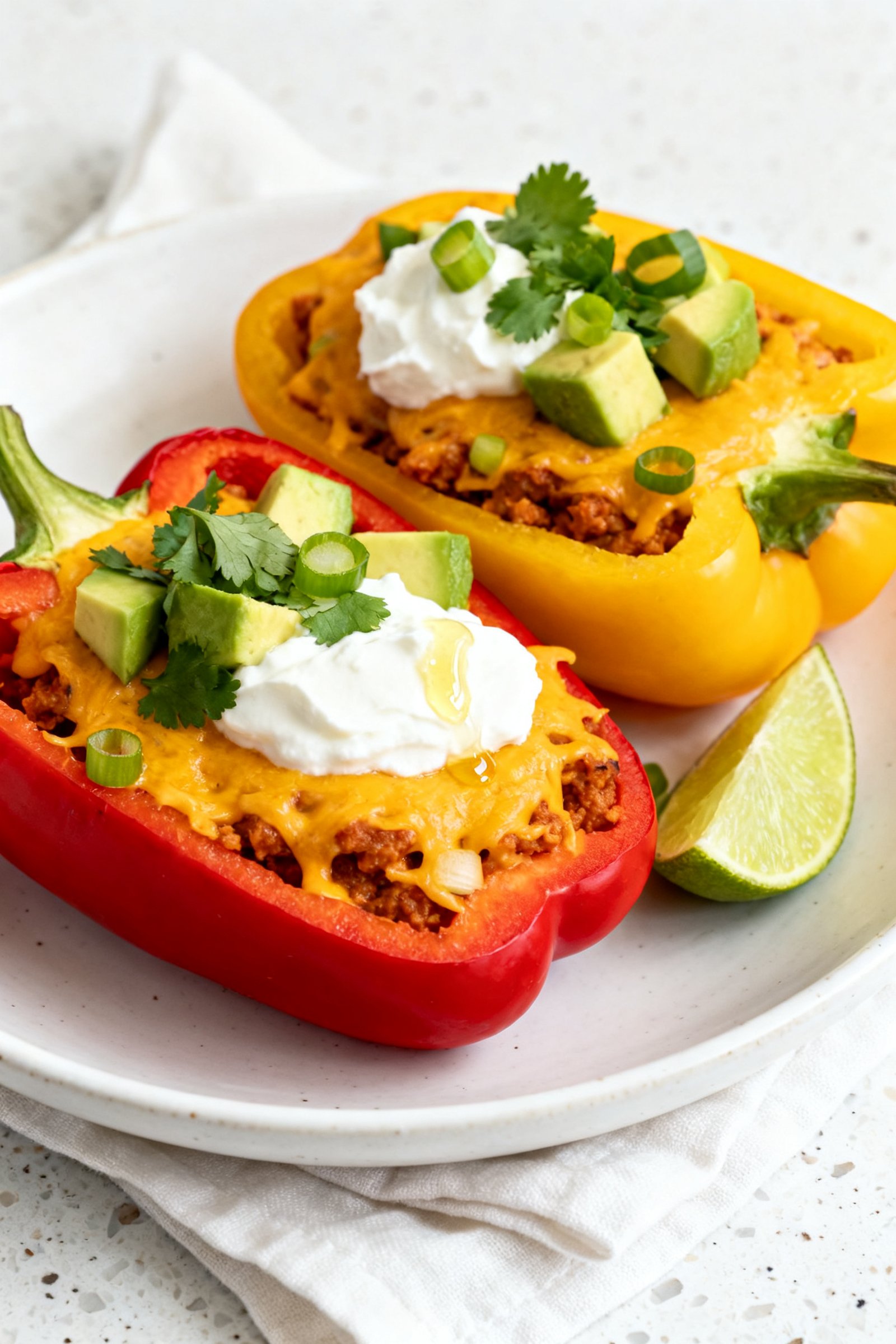 Final dish presentation: Restaurant-quality plate of two taco stuffed pepper halves (mixed red and y