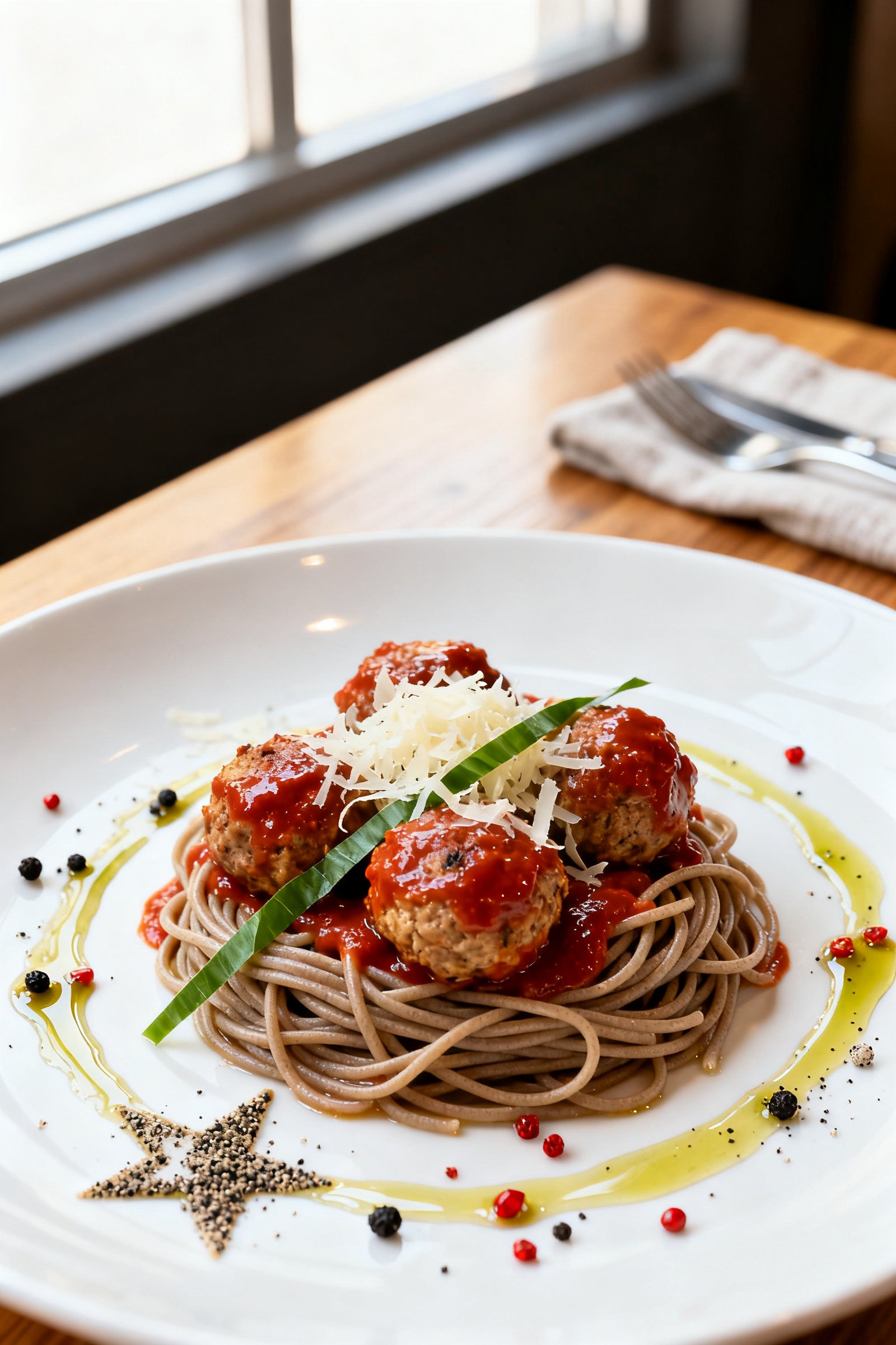 Final dish presentation: Restaurant-quality plating of High Protein Turkey Meatball Marinara over al