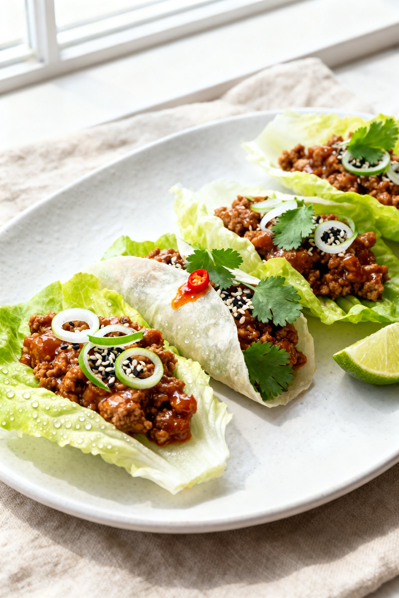Final plated beauty shot: High Protein Ground Turkey Lettuce Wraps assembled in chilled butter lettu