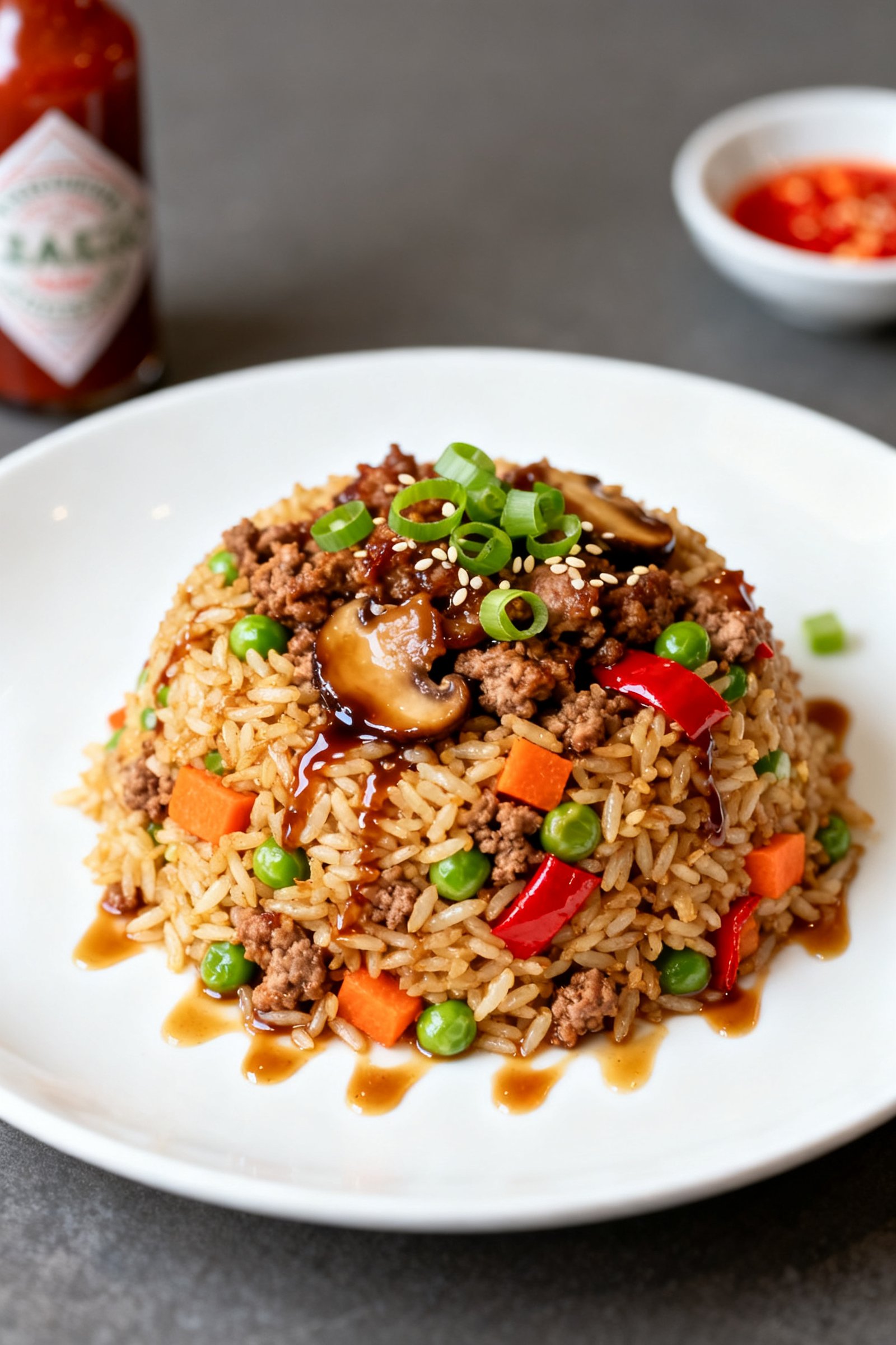 Final plated detail: Close-up hero plate of ground turkey fried rice mounded neatly on a wide white