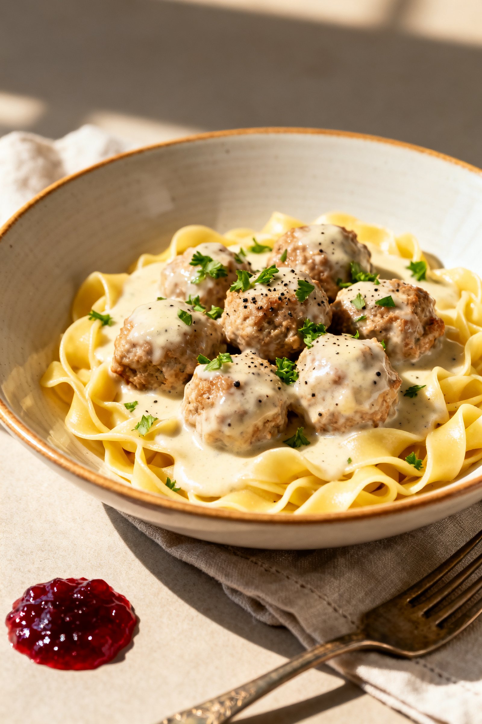 Final plated dish beauty: Restaurant-quality plate of high-protein ground turkey Swedish meatballs o