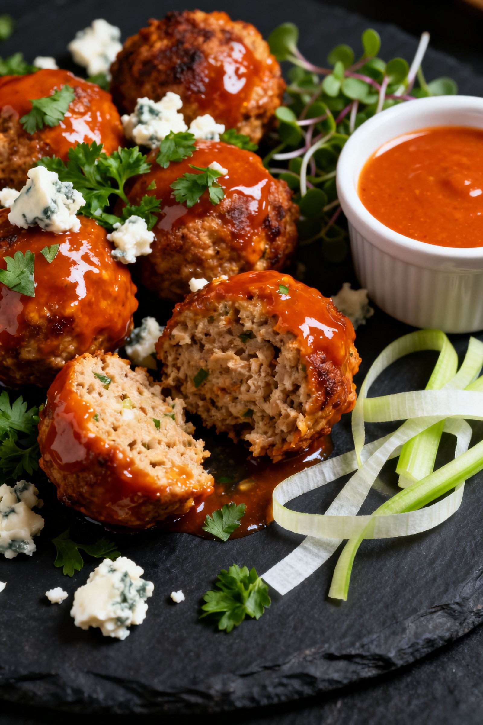 Final plated dish, restaurant-quality: Beautifully plated buffalo turkey meatballs on a dark slate p