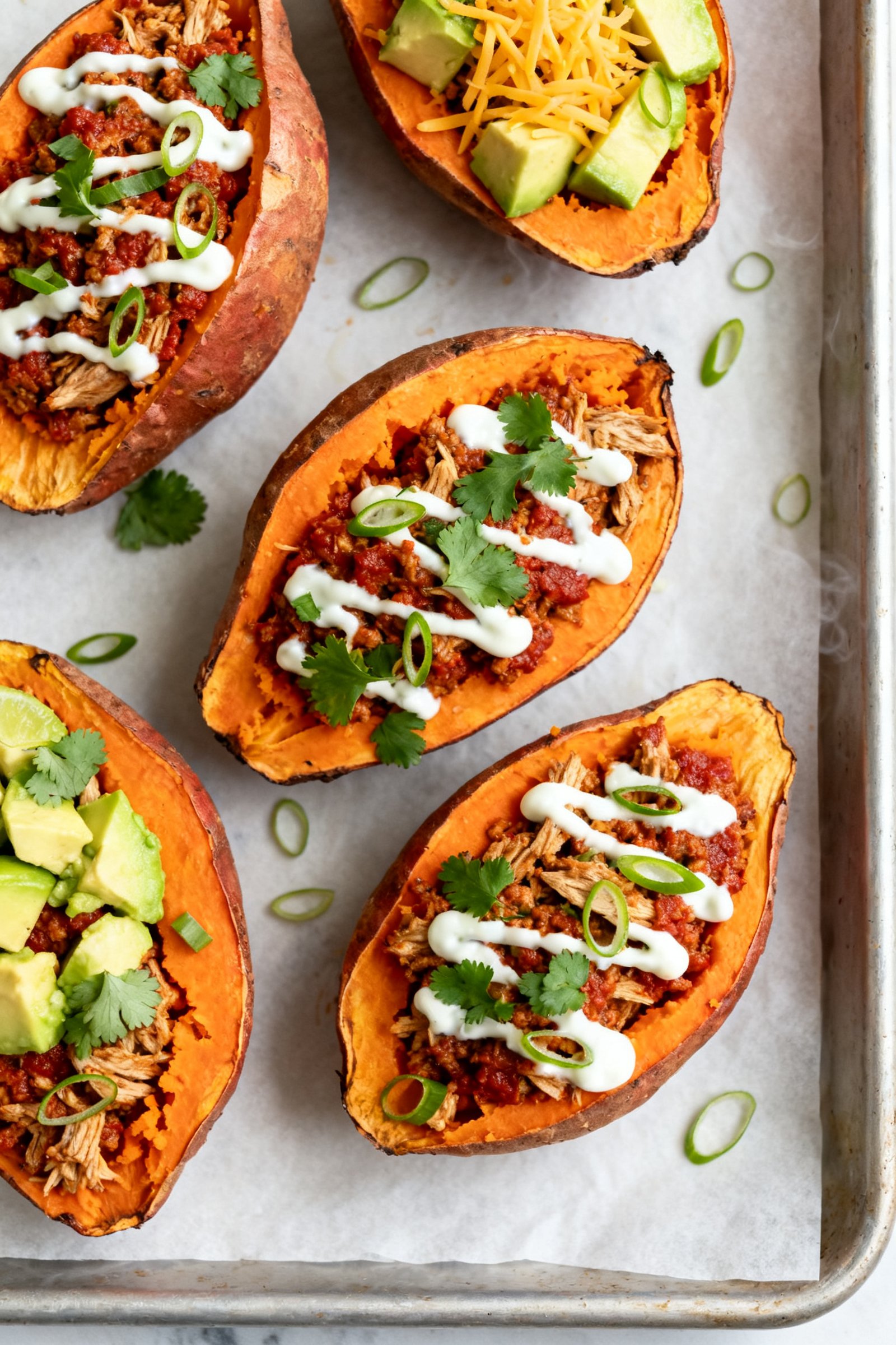 Overhead tasty top view: Split roasted sweet potatoes on a parchment-lined sheet pan, interiors fluf