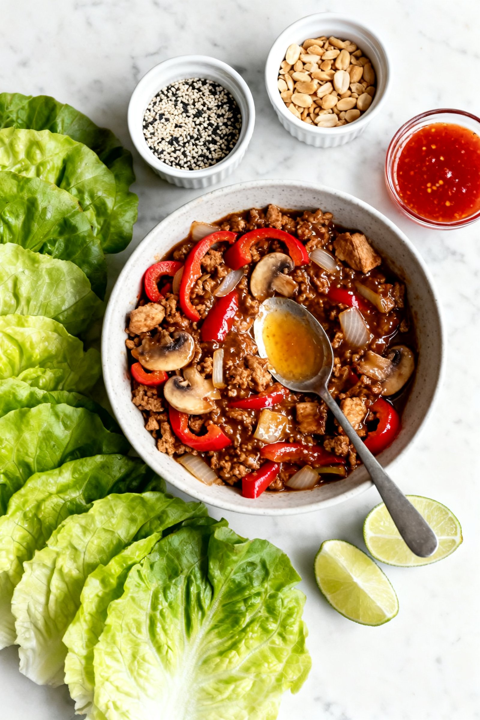 Tasty overhead hero: of a build-your-own spread for turkey lettuce wrapsâbowl of glossy, thickened