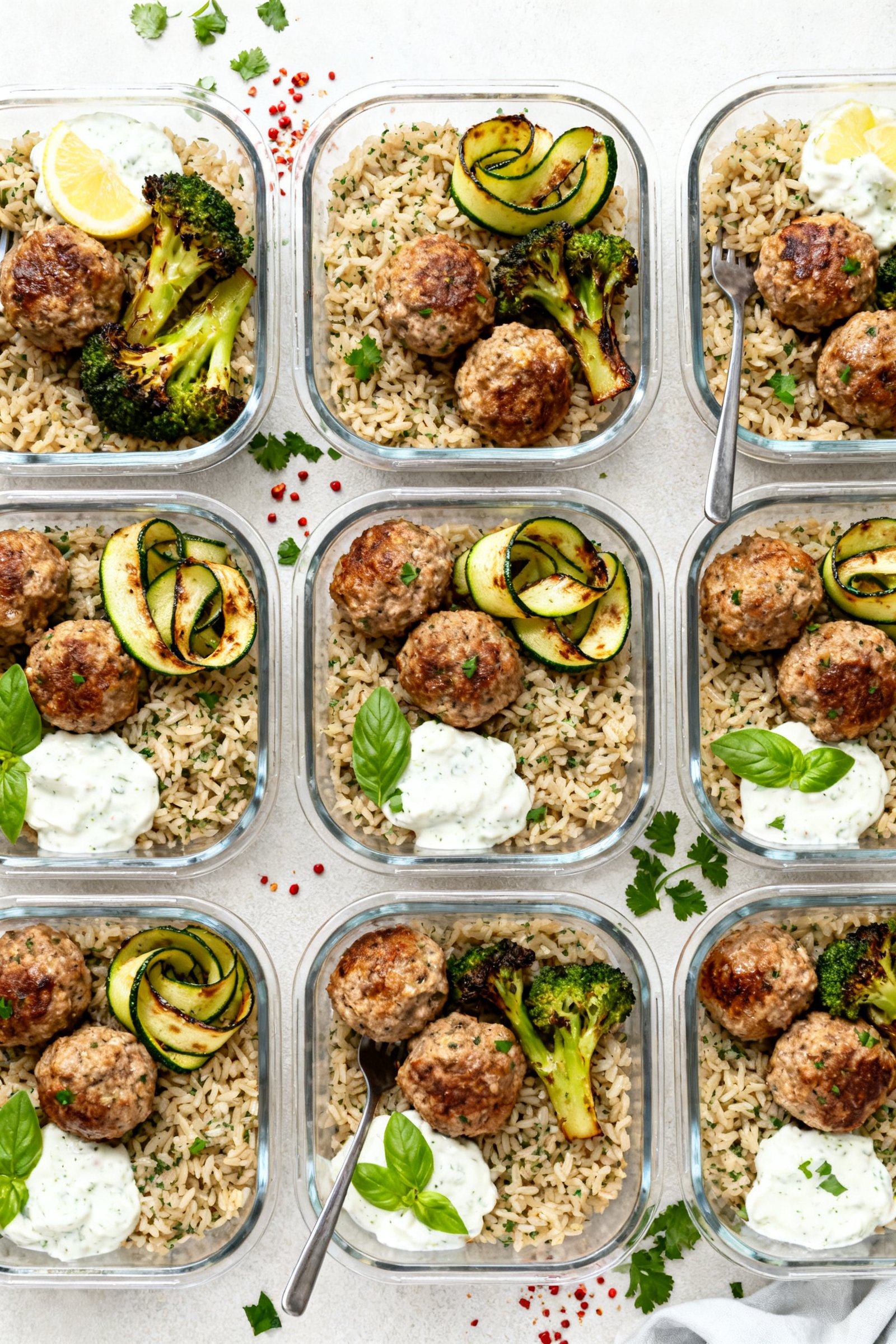 Tasty top view + meal prep angle: Overhead shot of meal-prep containers arranged in a grid, each wit