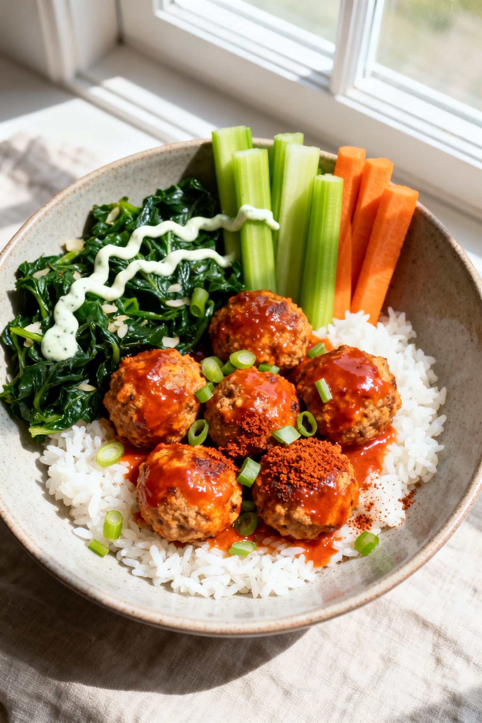 Tasty top view, meal-prep bowl: Overhead shot of a high-protein buffalo turkey meatball bowl—5 gla