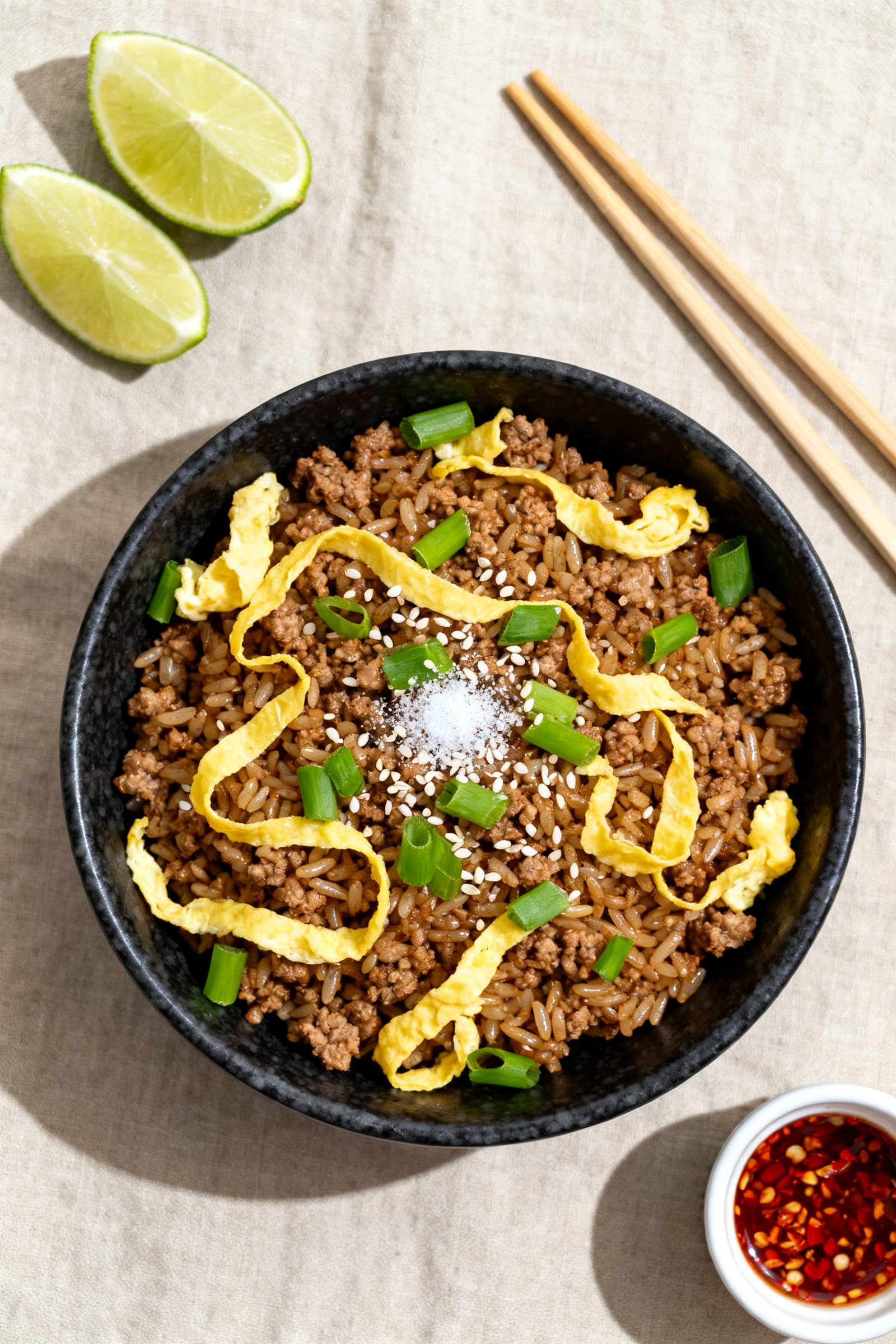 Tasty top view: Overhead shot of the finished high protein ground turkey fried rice in a matte black