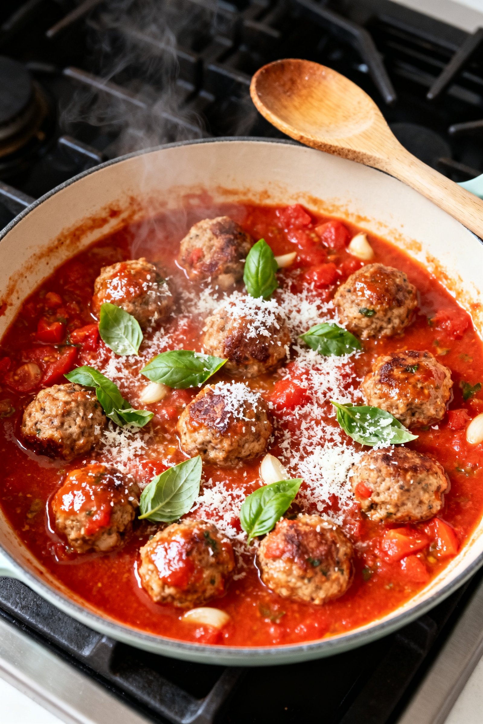 Tasty top view: Overhead shot of turkey meatballs gently simmering in a bright, garlicky marinara in
