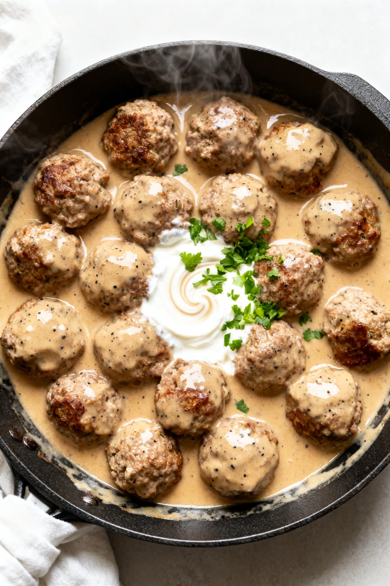 Tasty top view: Overhead shot of turkey Swedish meatballs simmering in silky light-brown gravy mid-c