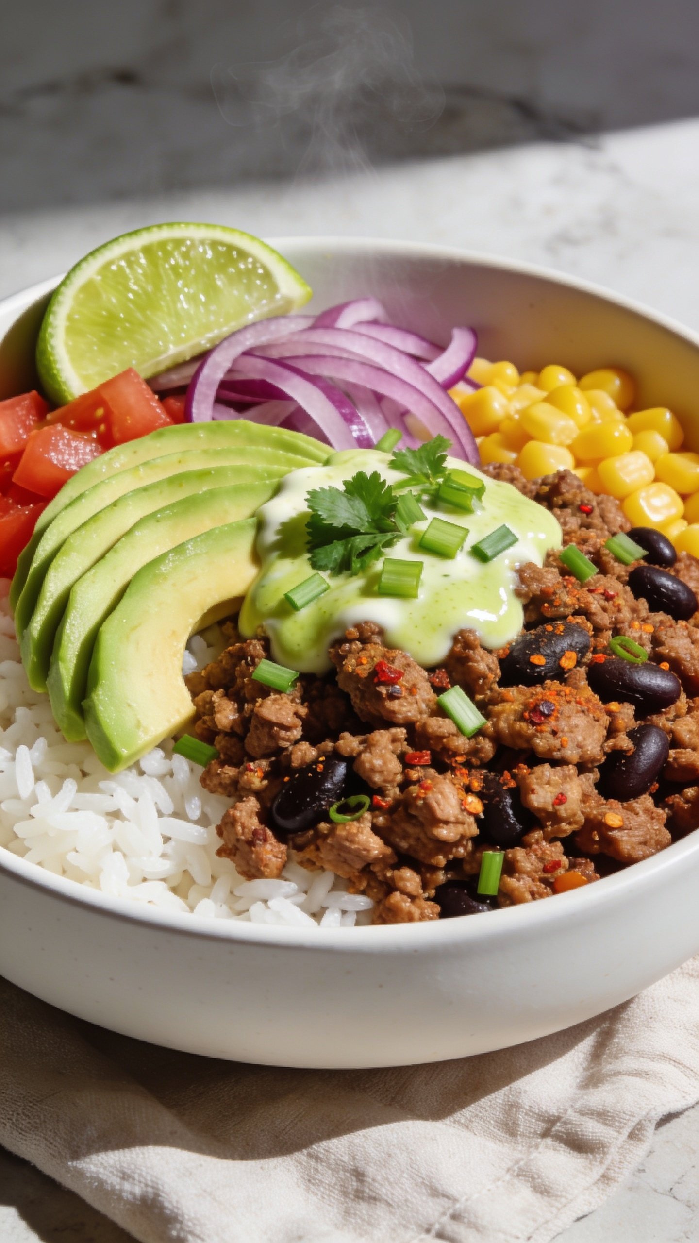 Ultra close-up hero shot of a high-protein ground turkey burrito bowl, styled in a matte white shallow bowl on a neutral linen. The bowl is layered with fluffy white jasmine rice, a generous mound of juicy, well-browned ground turkey seasoned with Tex-Mex spices (visible specks of chili, cumin, paprika), black beans, fire-roasted corn, diced ripe tomatoes, thinly sliced red onion, and creamy avocado fan slices. Finished with a glossy drizzle of lime crema and a scatter of chopped cilantro and finely sliced green onions, plus a lime wedge tucked on the rim. Bright natural side lighting, shallow depth of field, vibrant saturated colors, slight steam rising from the warm turkey, food filling 90â95% of the frame, premium food-blog styling on a light stone surface with soft shadows.