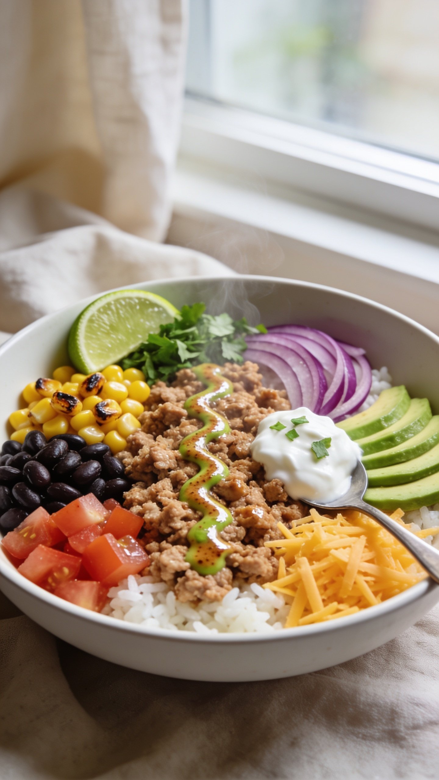 Ultra-close hero shot of a high-protein ground turkey taco bowl, food filling 90–95% of frame, bright natural window light, shallow depth of field, premium food-blog styling. Bowl composition: seasoned crumbled ground turkey with a light glossy sheen, served over fluffy white rice (or cauliflower rice) in a matte white shallow bowl; garnishes arranged in clean quadrants for color pop—charred corn kernels, black beans, diced ripe tomato, thinly sliced red onion, avocado slices fanned, shredded cheddar, a spooned-on dollop of Greek-yogurt “sour cream,” fresh lime wedge tucked at the rim, and a sprinkle of chopped cilantro. A light drizzle of chipotle-lime crema zigzagged across the turkey and veggies for shine. Warm tones, vibrant colors, gentle steam rising from the turkey, soft linen in neutral beige barely visible in the background, no text, no hands, crisp textures and glossy sauces highlighted.
