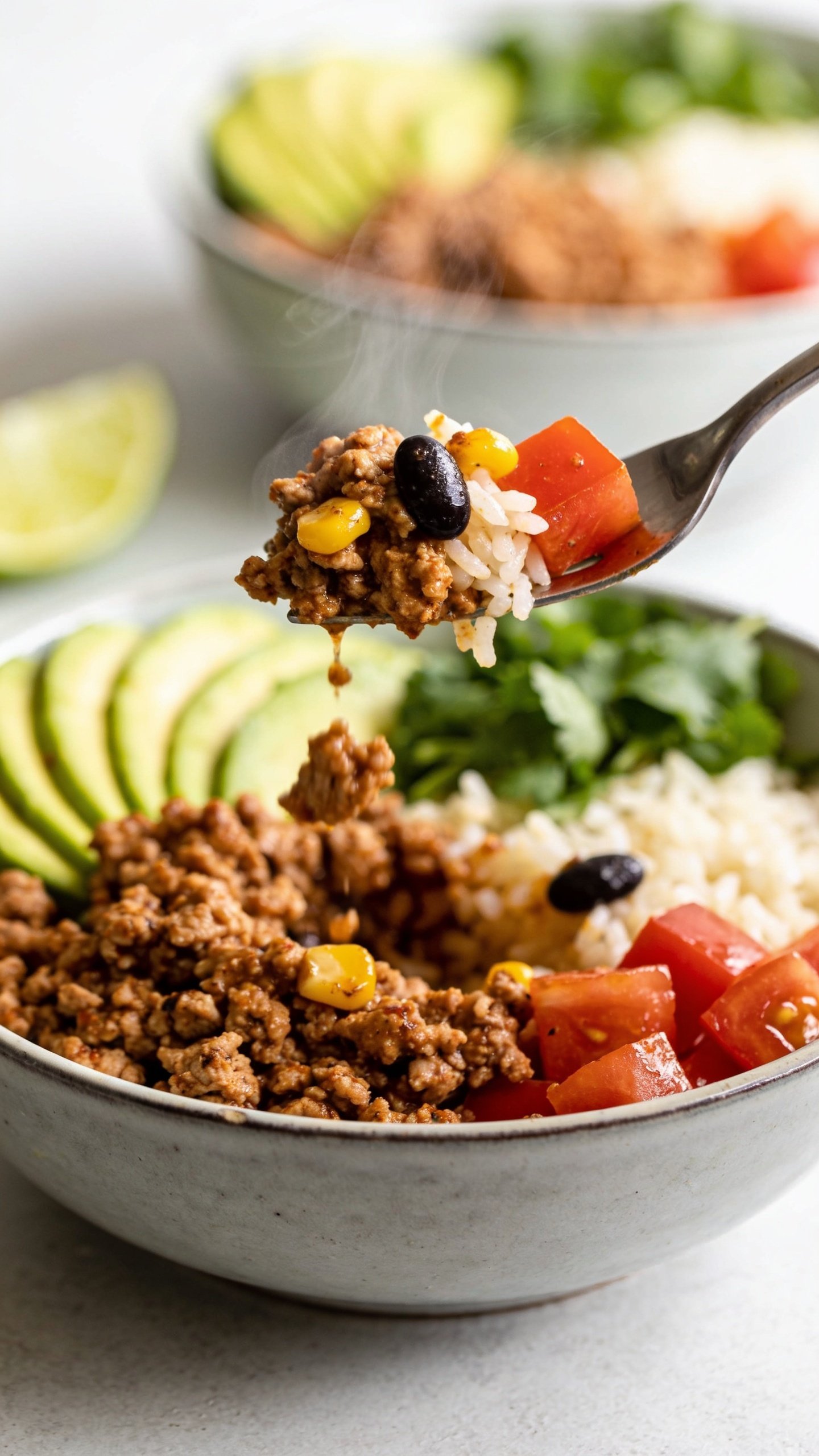Dynamic action close-up: a fork lifting the perfect bite from the same burrito bowl, one second before the mouth. The fork prongs hold a cohesive, mouthwatering forkful featuring a bit of seasoned ground turkey, a few grains of jasmine rice, one glossy black bean, a kernel or two of roasted corn, a cube of juicy tomato, and a swipe of lime crema clinging and slightly dripping back toward the bowl. Background shows the same styled bowl with avocado fan, cilantro, and lime wedge softly blurred. Bright natural lighting, shallow depth of field, steam subtly rising from the turkey, motion frozen mid-drip, food filling 90â95% of the frame, no hands or people, only the utensil visible.
