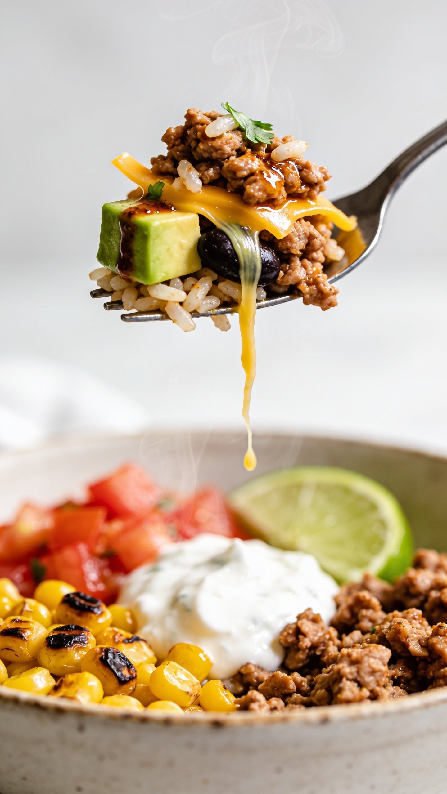Dynamic action close-up capturing the single most irresistible bite: a fork lifting the perfect mouthful directly above the same taco bowl, one second before the bite reaches the mouth. The fork holds a balanced stack—juicy crumbled ground turkey with glossy seasoning, a few grains of rice clinging, a cube of avocado, a strand of melted cheddar stretching slightly, a black bean, and a fleck of cilantro—lightly streaked with chipotle-lime crema. The bowl remains blurred but recognizable below: charred corn, diced tomatoes, Greek-yogurt dollop, lime wedge, and remaining turkey. Bright natural lighting, shallow depth of field, tiny curls of steam visible, sauce shine emphasized, no hands or people, utensil only, food filling 90–95% of frame.
