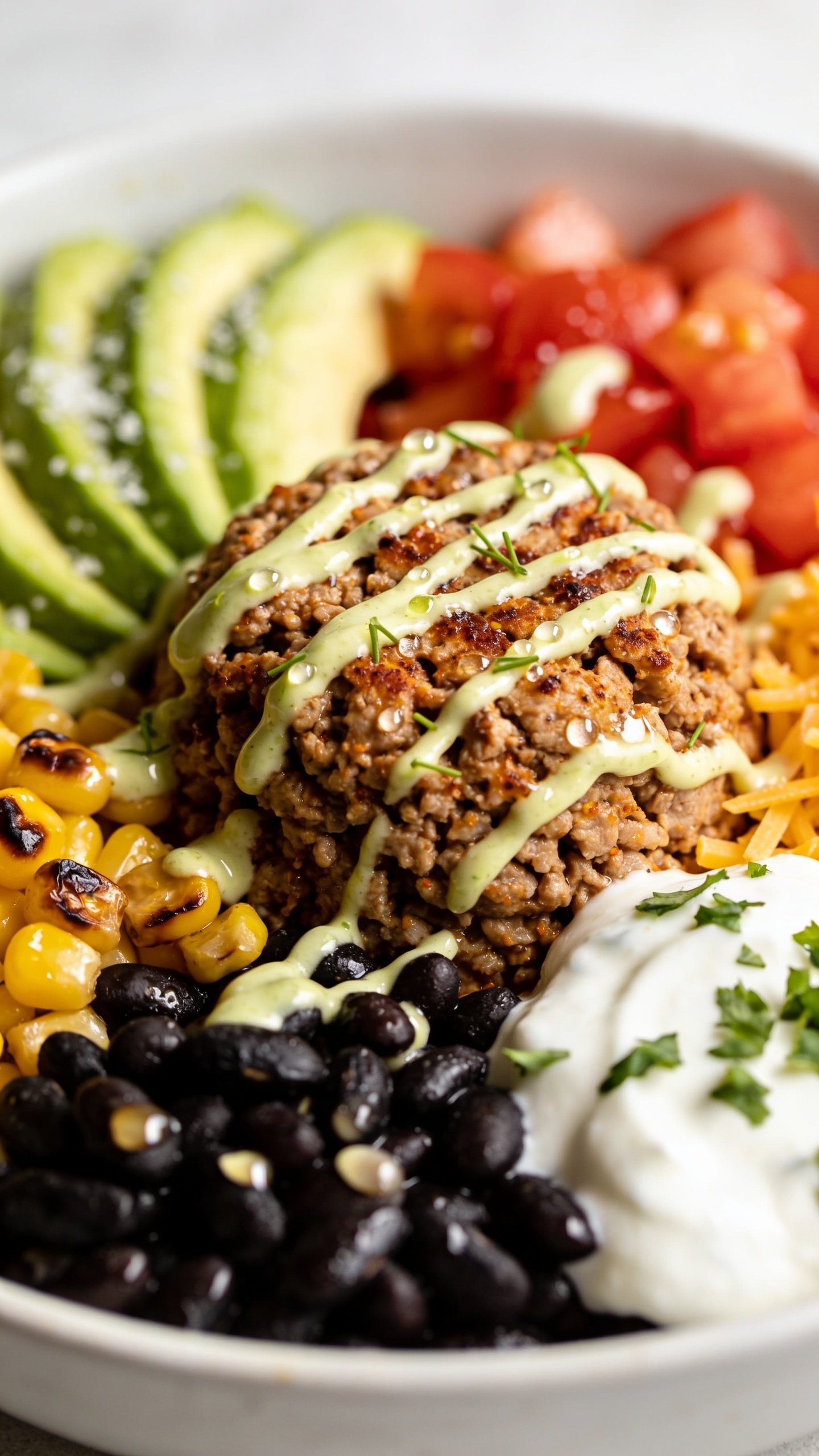 Extreme close-up from a low 3/4 angle of the same finished taco bowl emphasizing texture and gloss. Focus point on the seasoned ground turkey mound with visible spices and slight caramelization, chipotle-lime crema artfully drizzled, micro-beads of moisture catching light; surrounding elements softly fade: black beans with a light glaze, charred corn with browned edges, juicy diced tomatoes, fanned avocado with fine sea salt crystals, shredded cheddar peeking through, dollop of Greek yogurt with tiny cilantro leaves sprinkled over. Vibrant colors, bright natural light, shallow depth of field, minimal matte white bowl rim visible, soft neutral background, food occupying 90–95% of frame, cohesive with the hero image.